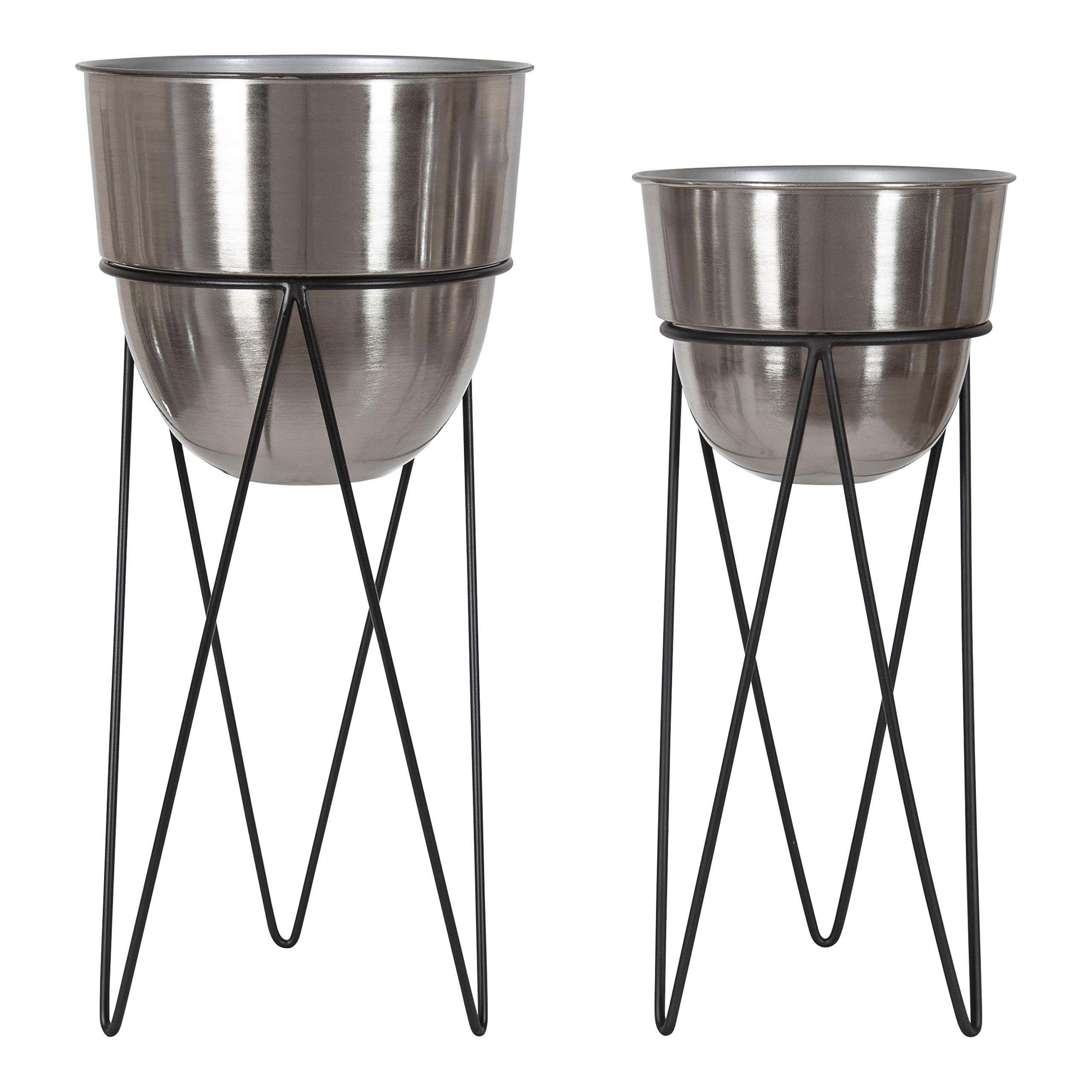 Kate and Laurel Mantua Modern Metal Planter Set - 2-Piece Black and Silver Decorative Plant Pots with Stands for Indoor & Outdoor Home Decor | Perfect for Living Room, Patio, or Office Plants