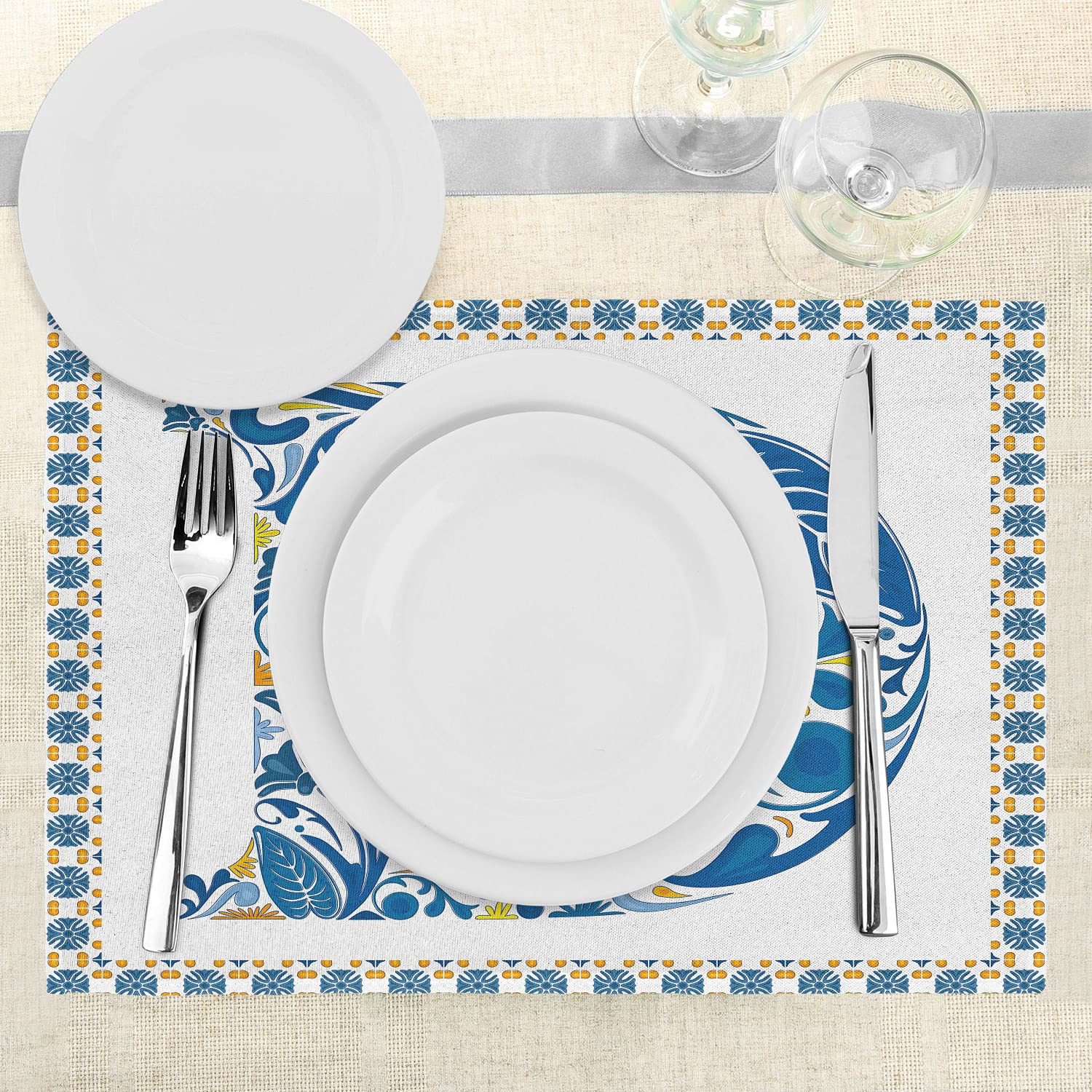Ambesonne Letter D Place Mats Set of 4 - Vibrant Swirl & Floral Alphabet Art Washable Fabric Placemats for Dining Table Decor in Blue, Yellow & Orange | Perfect for Kitchen, Breakfast Nook & Dinner Party Settings