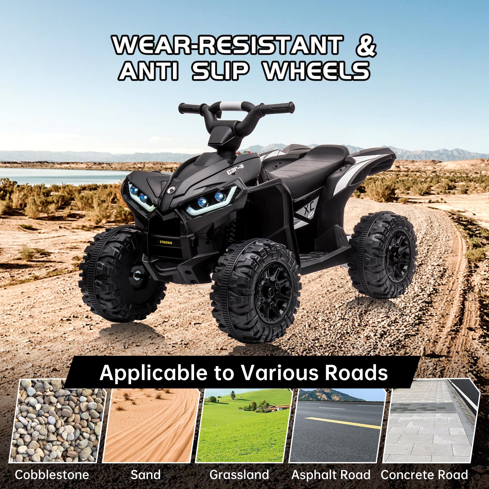 12V Kids Ride On ATV 4 Wheeler Electric Vehicle for Toddlers - Battery Powered Toy Car with LED Lights, Music, High/Low Speed & Treaded Tires - Perfect Outdoor Play Gift for Boys & Girls (Black) - Great for Backyard, Park, and Indoor Fun