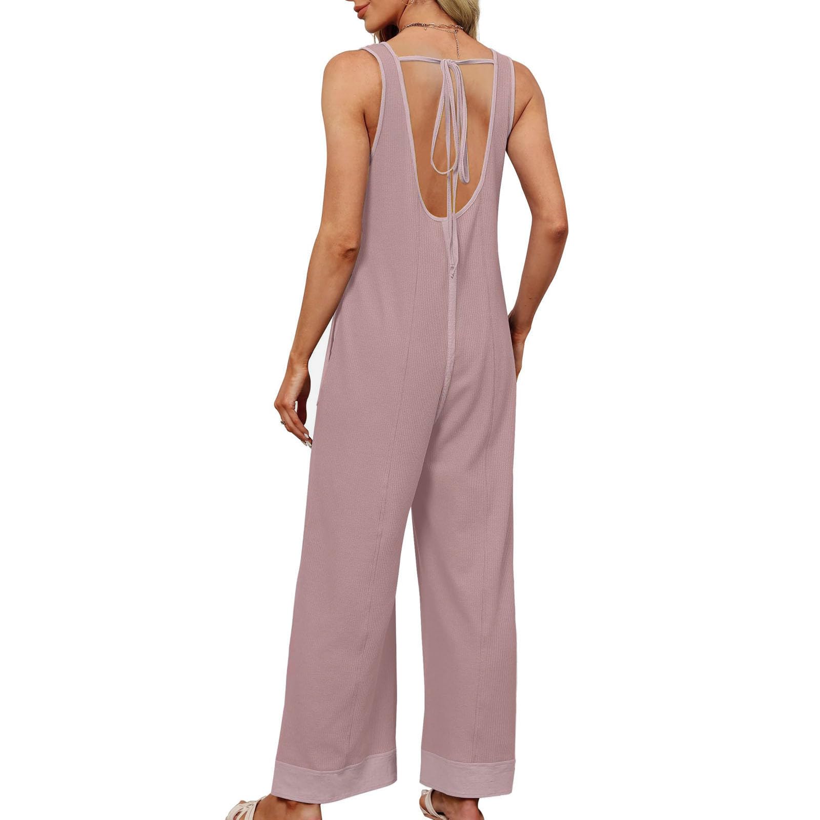 Women's Waffle Knit Wide Leg Romper 2024 - Cute Drawstring Open Back Jumpsuit | Summer Casual Loose Overalls for Beach, Vacation & Lounge Wear