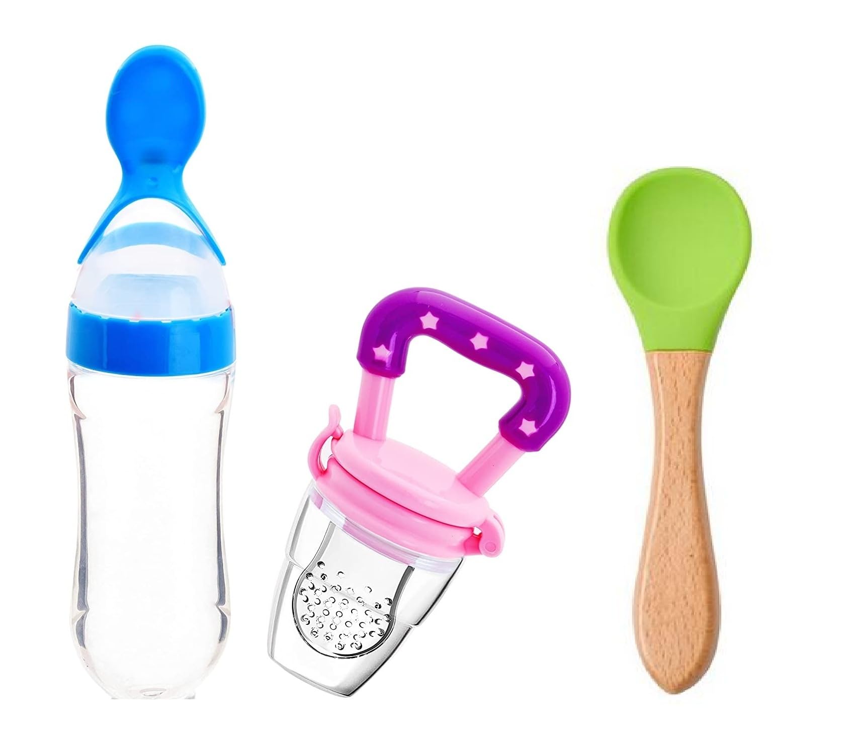 Manan Baby Feeding Essentials Combo Pack - 1 Baby Bib, 1 Feeder, 1 Feeding Spoon & 1 Fruit Nibbler (Multicolor, Print May Vary) - Perfect for Newborns & Toddlers at Home or Travel