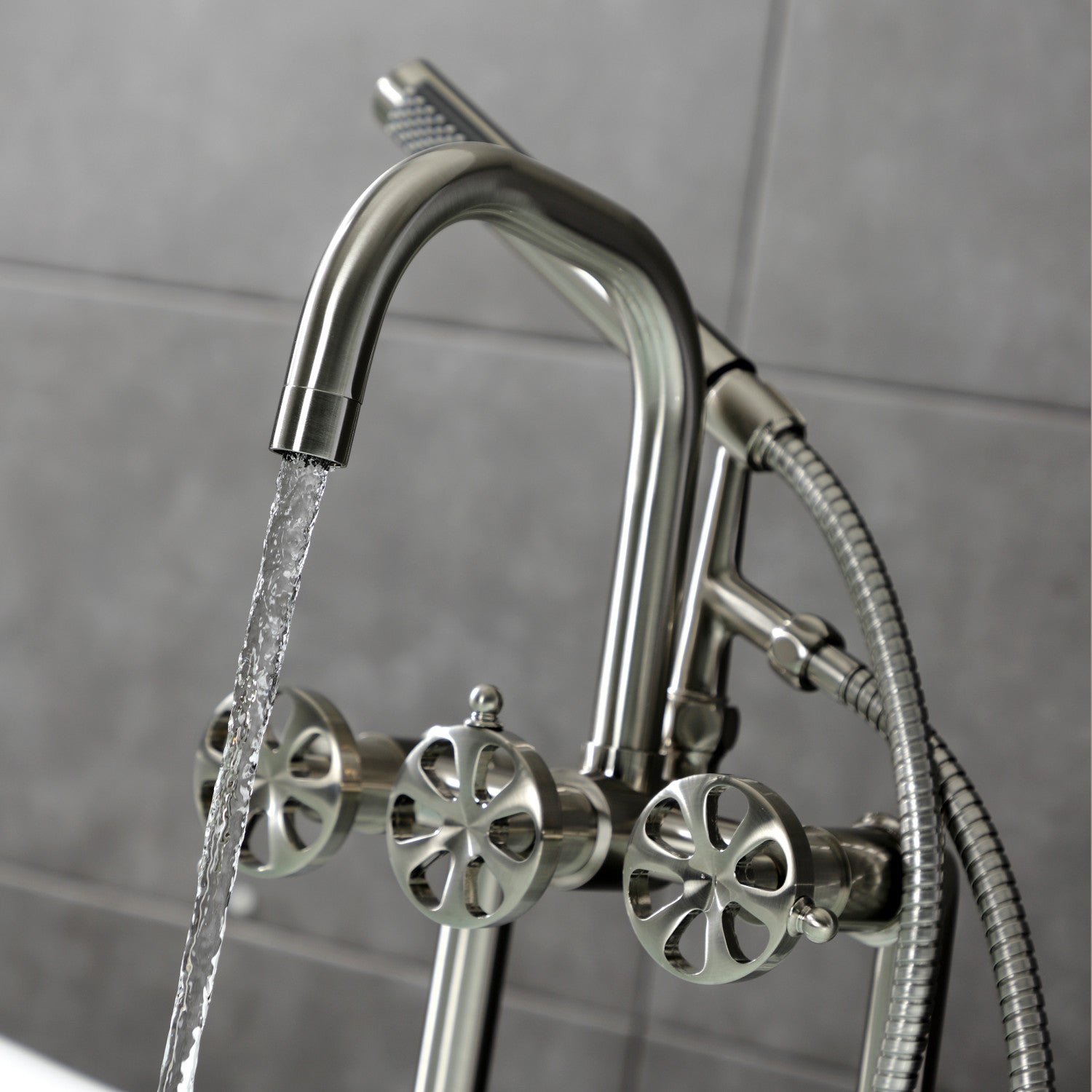 Belknap AE8408RX 3-Handle 2-Hole Deck Mount Clawfoot Bathtub Faucet with Hand Shower in Brushed Nickel - Vintage Style Bathroom Fixture for Classic & Modern Homes