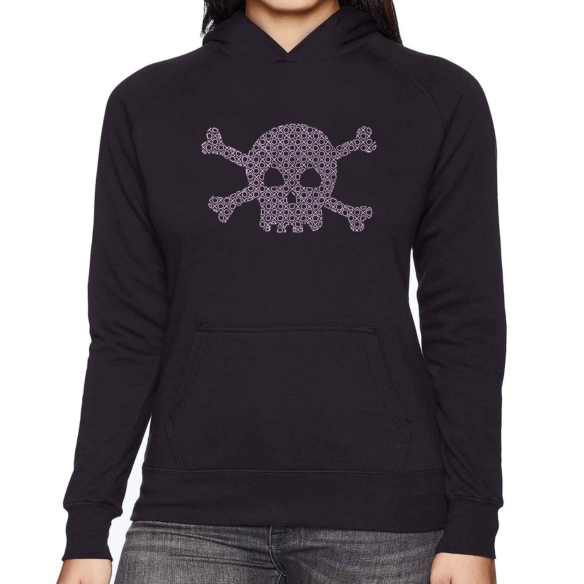 LA POP ART Women's Word Art Hooded Sweatshirt - XOXO Skull Graphic Pullover | Trendy Streetwear for Casual Outfits & Gothic Fashion