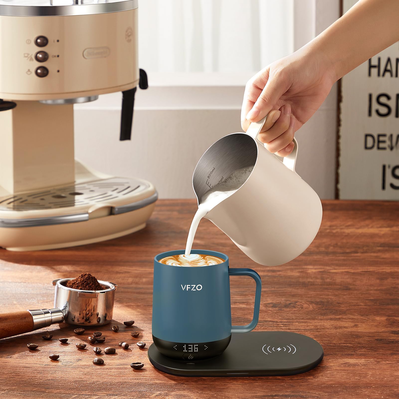 Smart Self-Heating Coffee Mug with Temperature Control & LED Display - 12oz Slate Blue, 180 Min Battery Life, Fast Wireless Charging Base (Keeps Coffee Hot up to 149℉) - Perfect for Office, Travel & Home Use