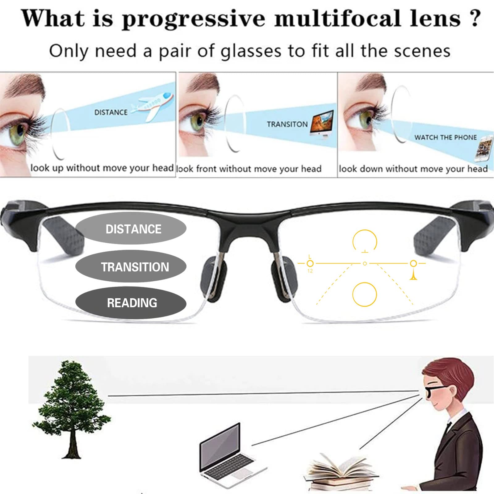 Photochromic Reading Glasses for Men - Lightweight Progressive Multifocal Computer Glasses with Aluminum Magnesium Half-Frame (Indoor/Outdoor Use for Reading, Working & Driving) | Perfect for Office, Home & Commuting