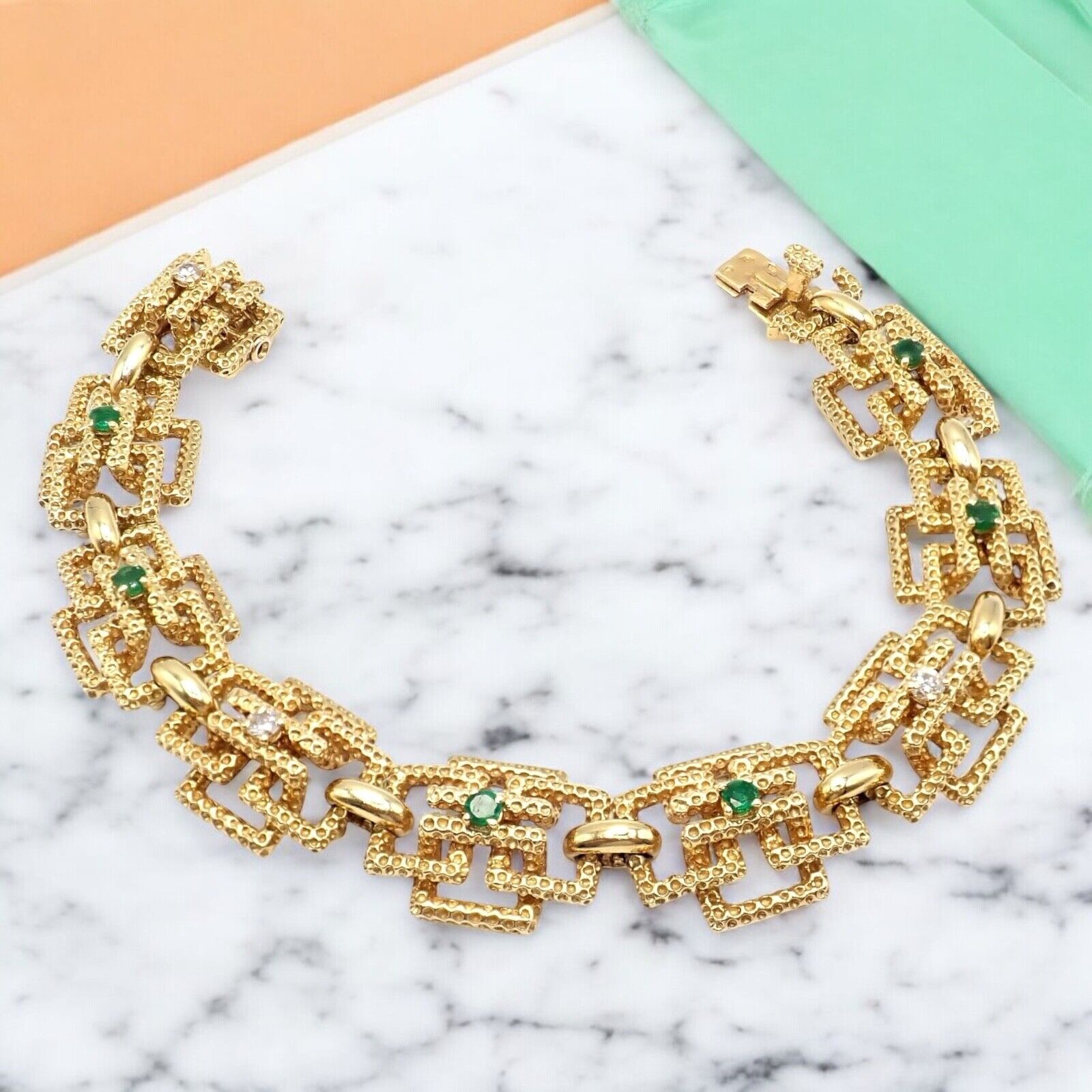 Vintage Tiffany & Co France 18k Yellow Gold Diamond Emerald Bracelet - Luxury Jewelry Gift for Women, Anniversary & Special Occasions