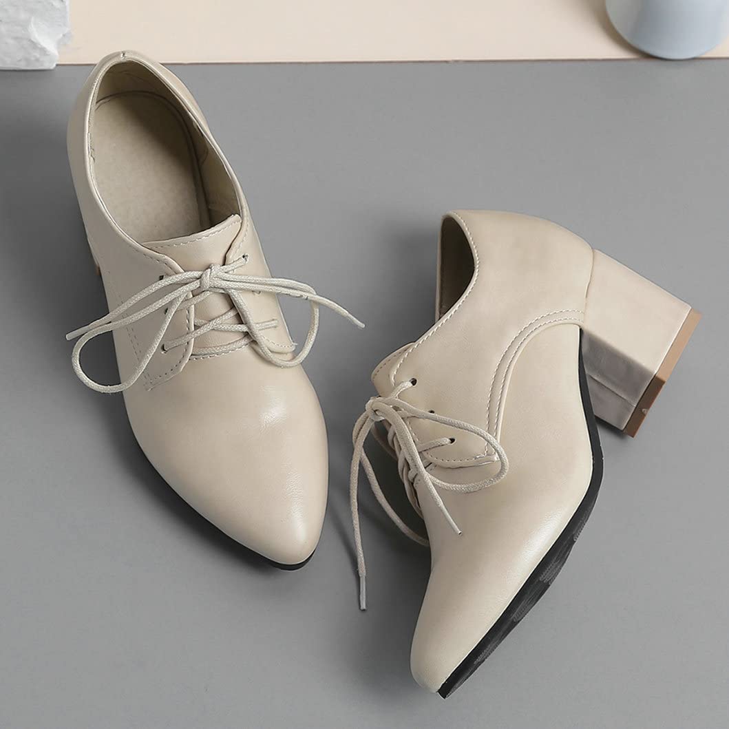 Stylish Women's High Heel Oxford Shoes - Chunky Block Heels, Pointed Toe & Lace Up Design for Office, Party & Formal Events | Comfortable Dress Pumps for Work, Dating & Special Occasions