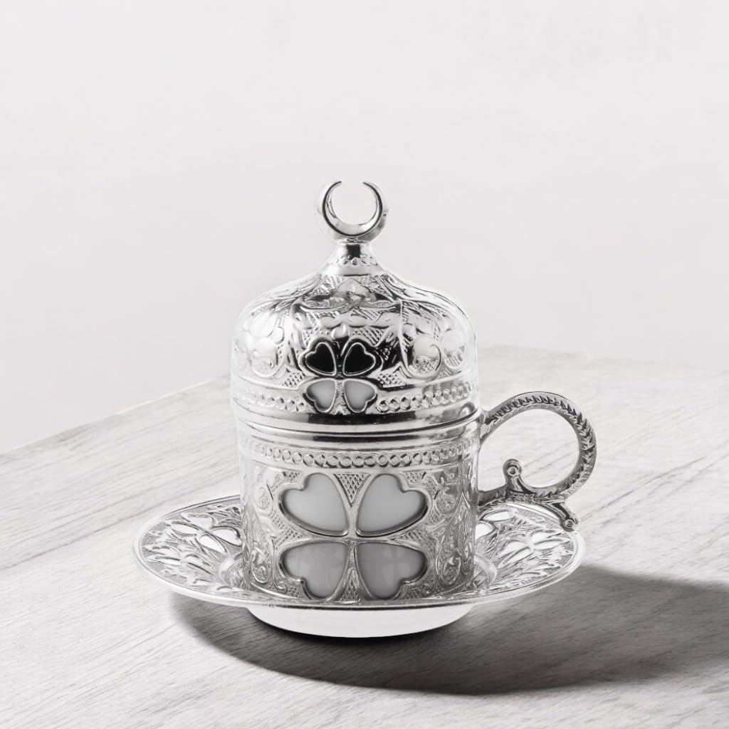 LaModaHome 6-Piece Turkish Espresso Coffee Cup Set with Saucer, Lid, Holder & Tray - Ottoman Tulip Design Porcelain Mugs for Coffee Lovers - Perfect for Arabic, Greek & Turkish Coffee - Ideal Gift & Home Decor Accessory - Silver