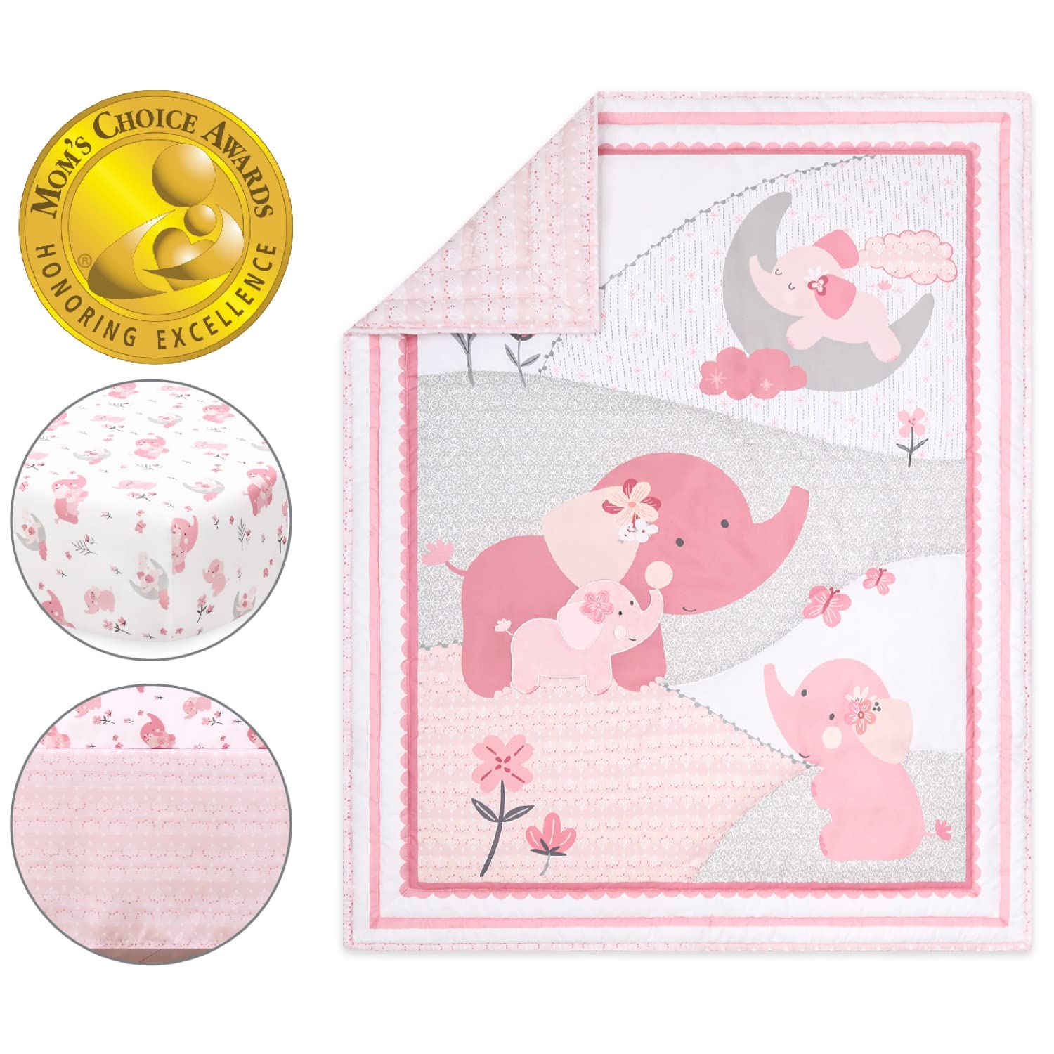 Pink Elephant Baby Nursery Decor Set - 4 Piece Crib Bedding Set with Comforter, Fitted Sheet, Mobile & Dust Ruffle | Soft Cotton Nursery Collection for Girls & Boys | Perfect for Baby Showers, Newborn Gifts & Nursery Decorating