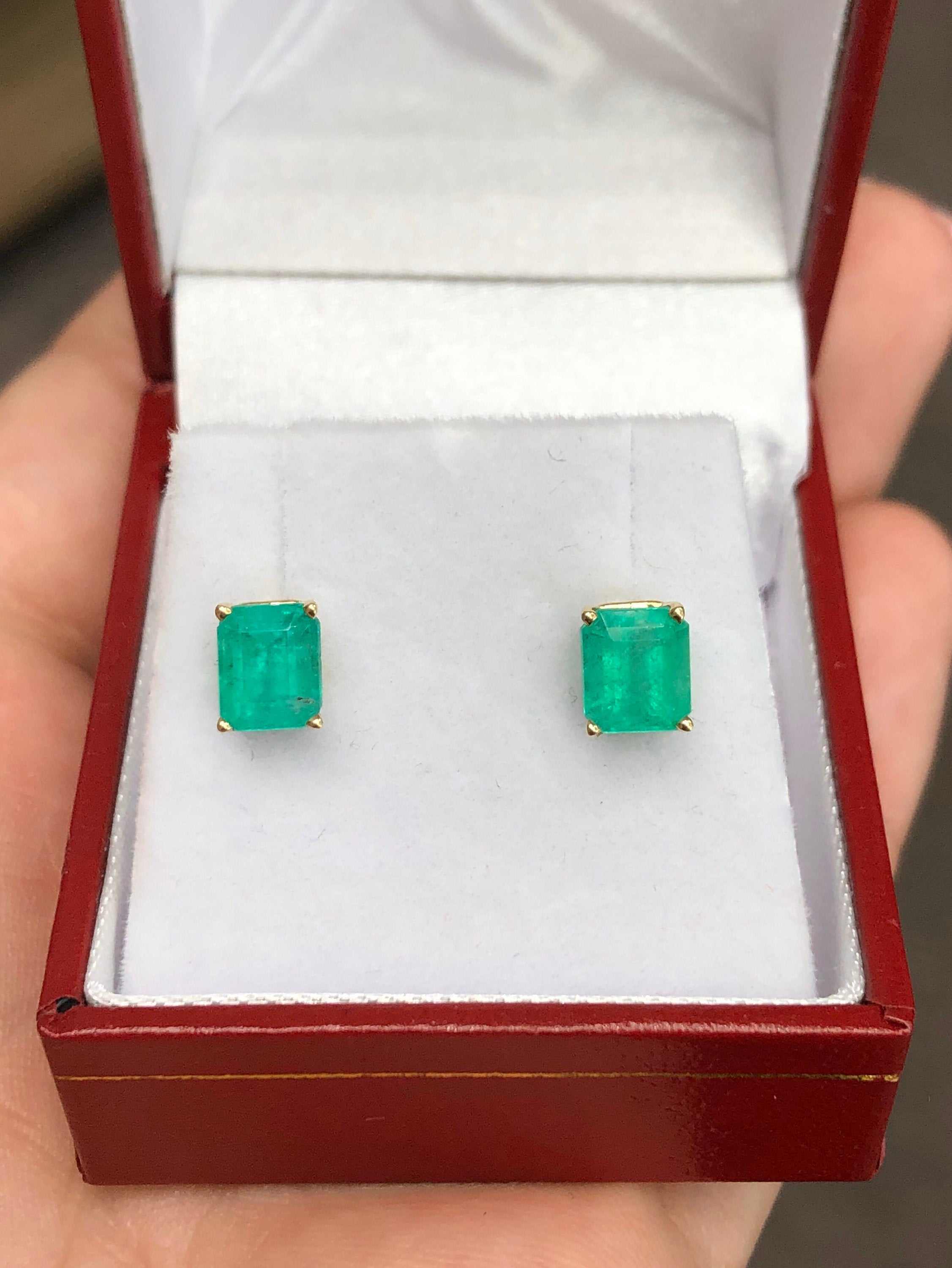2.29tcw Emerald Cut Emerald Stud Earrings in 14K Yellow Gold - Elegant Four Prong Setting for Women, Perfect for Weddings, Parties & Special Occasions