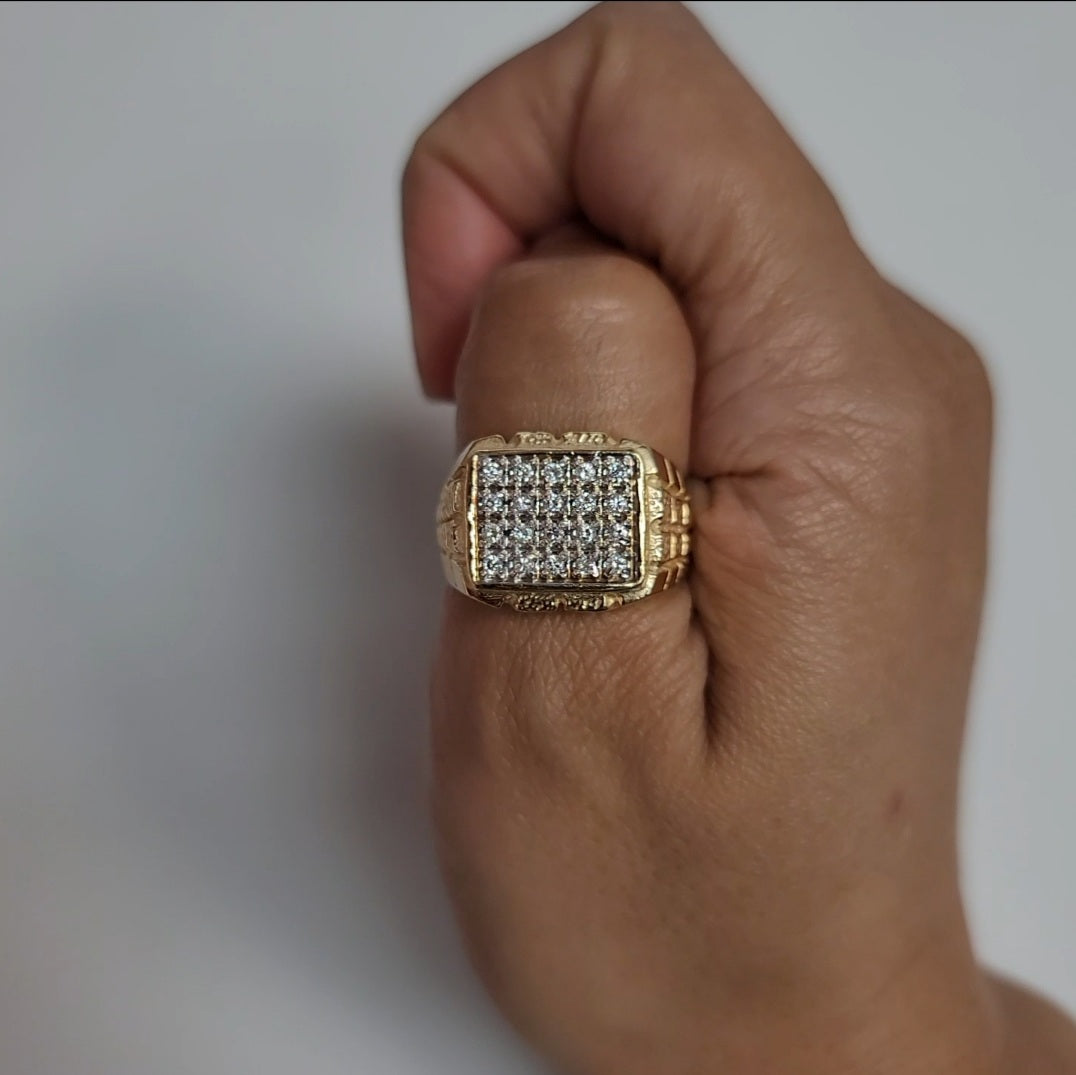 1.00cttw Diamond Cluster Ring with Brick Patterned Band in 14k Yellow Gold | Elegant Wedding, Engagement & Anniversary Jewelry Gift for Women