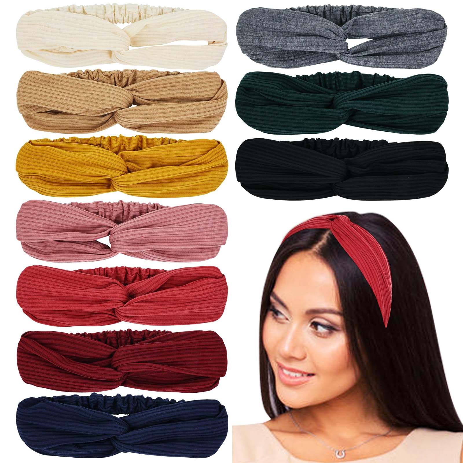 10 Pack Vintage Solid Super Soft Stretchy Workout Headbands - Criss Cross Twist Knotted Hair Bands for Women & Girls - Perfect for Yoga, Sports, Running, Gym & Everyday Use