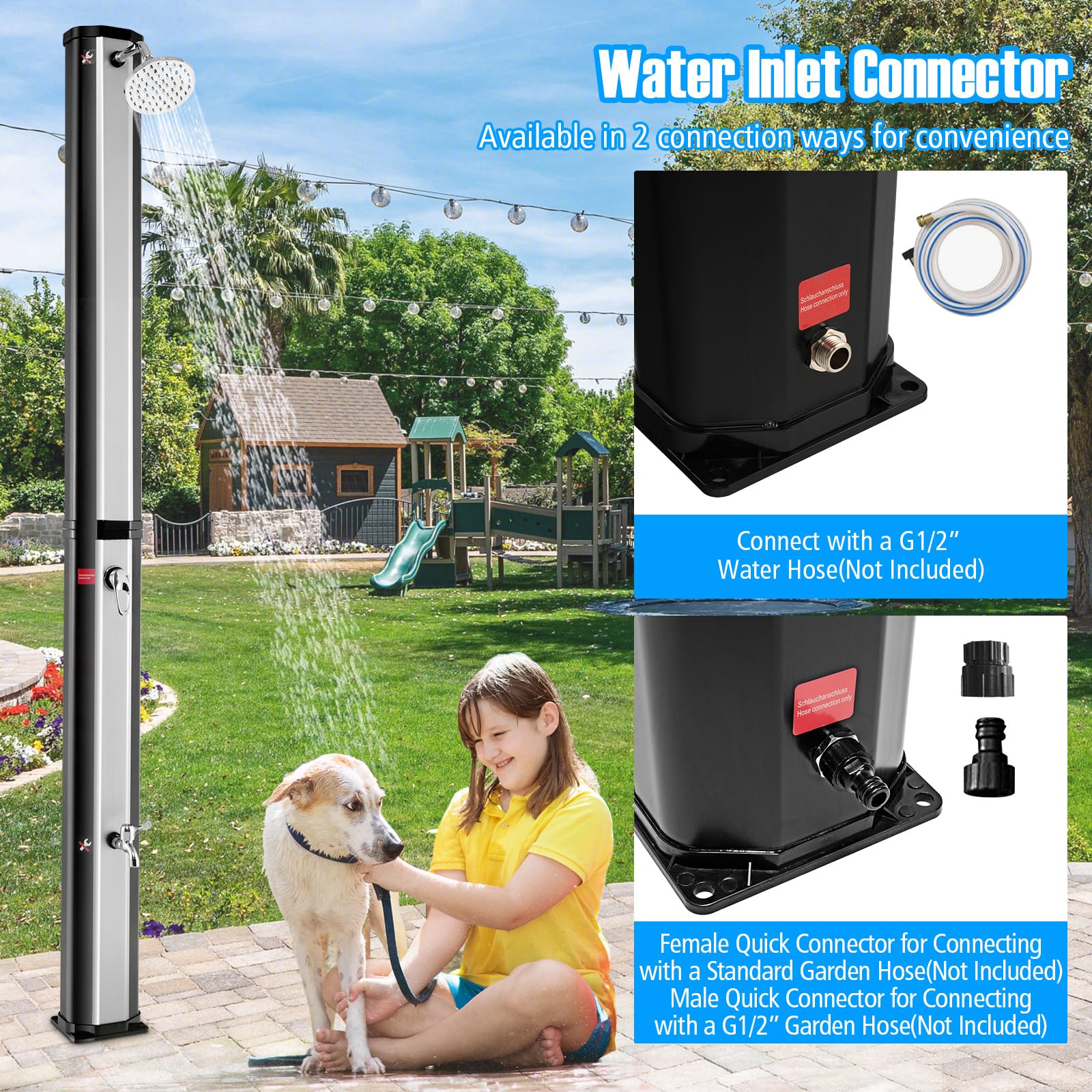 Goplus 9.3 Gallon Solar Heated Outdoor Shower - 7.2 FT Freestanding Garden Shower with 360° Swivel Shower Head, Foot Wash & Temperature Control - Perfect for Poolside, Backyard, Beach & Camping (Silver)