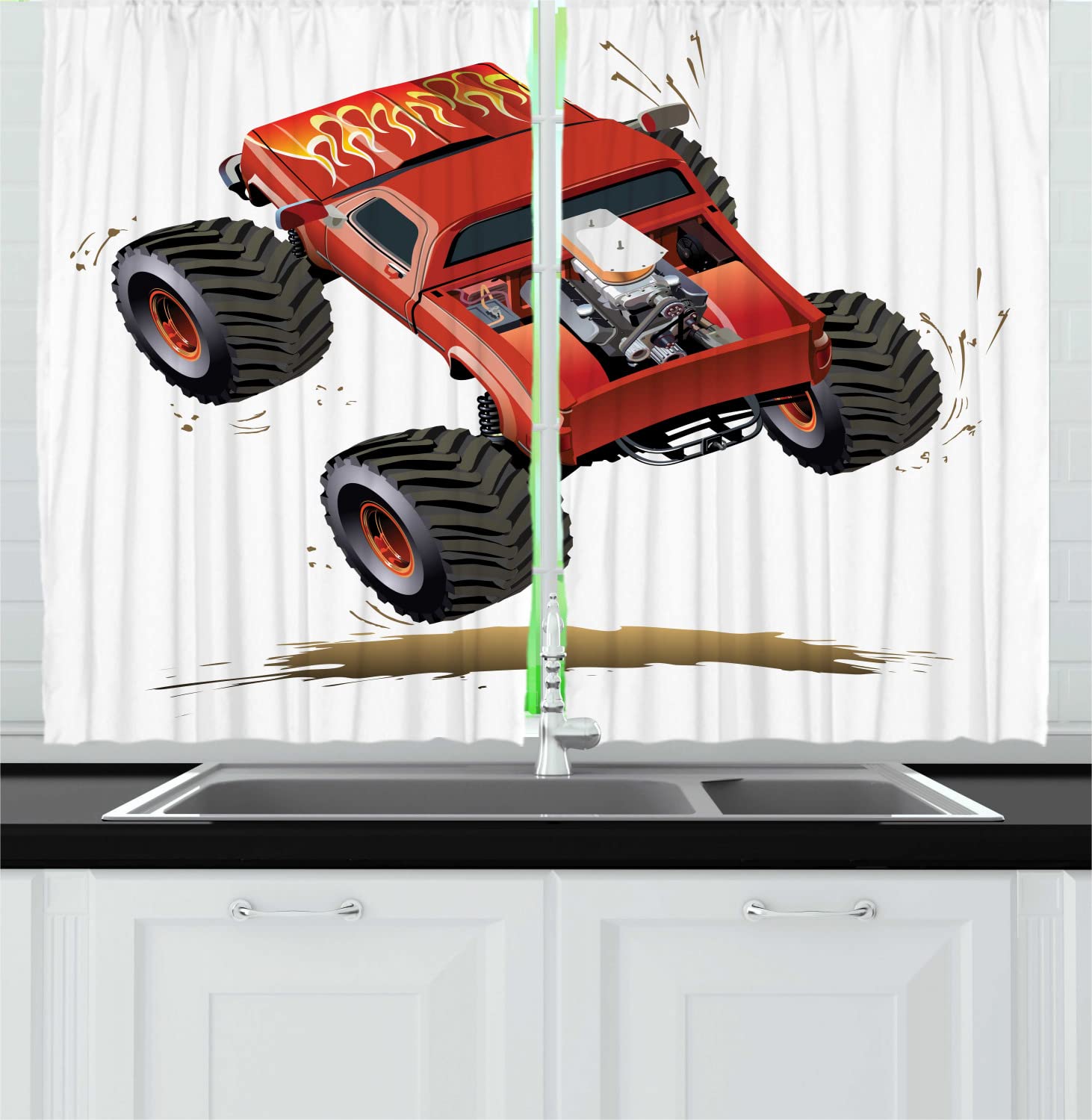Ambesonne Race Car Kitchen Curtains - Cartoon Monster Truck Mud Adventure Theme, 2 Panels Rod Pocket Drapes, 55