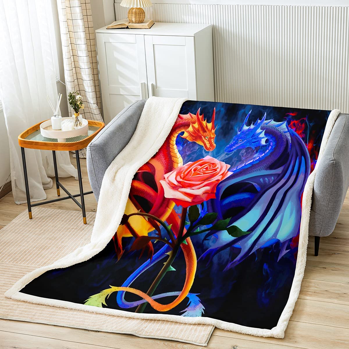 Soft Sherpa Fleece Dragon Plush Blanket - 30x40 Inch Red & Blue Chinese Dragon Throw for Kids, Boys & Girls - Cozy Rose Pattern Animal Blanket for Sofa, Bed, Couch & Nursery - Perfect for Snuggling, Gift Giving & Fantasy Room Decor