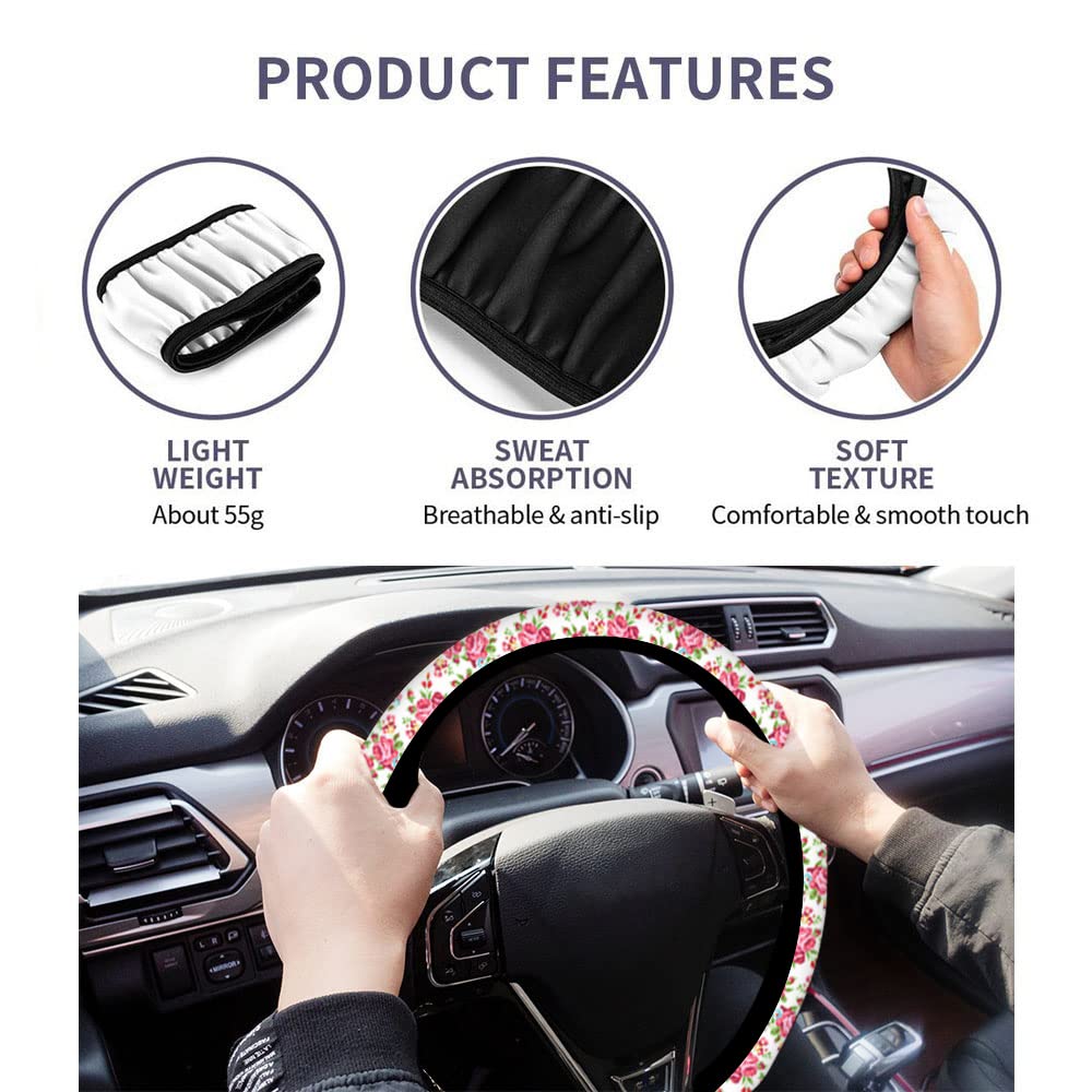 Swono 15 Inch Universal Pink Rose & Leaves Neoprene Steering Wheel Cover - Non-Slip Breathable Soft Grip with Floral Pattern for Men & Women - Perfect for Cars, Trucks & SUVs