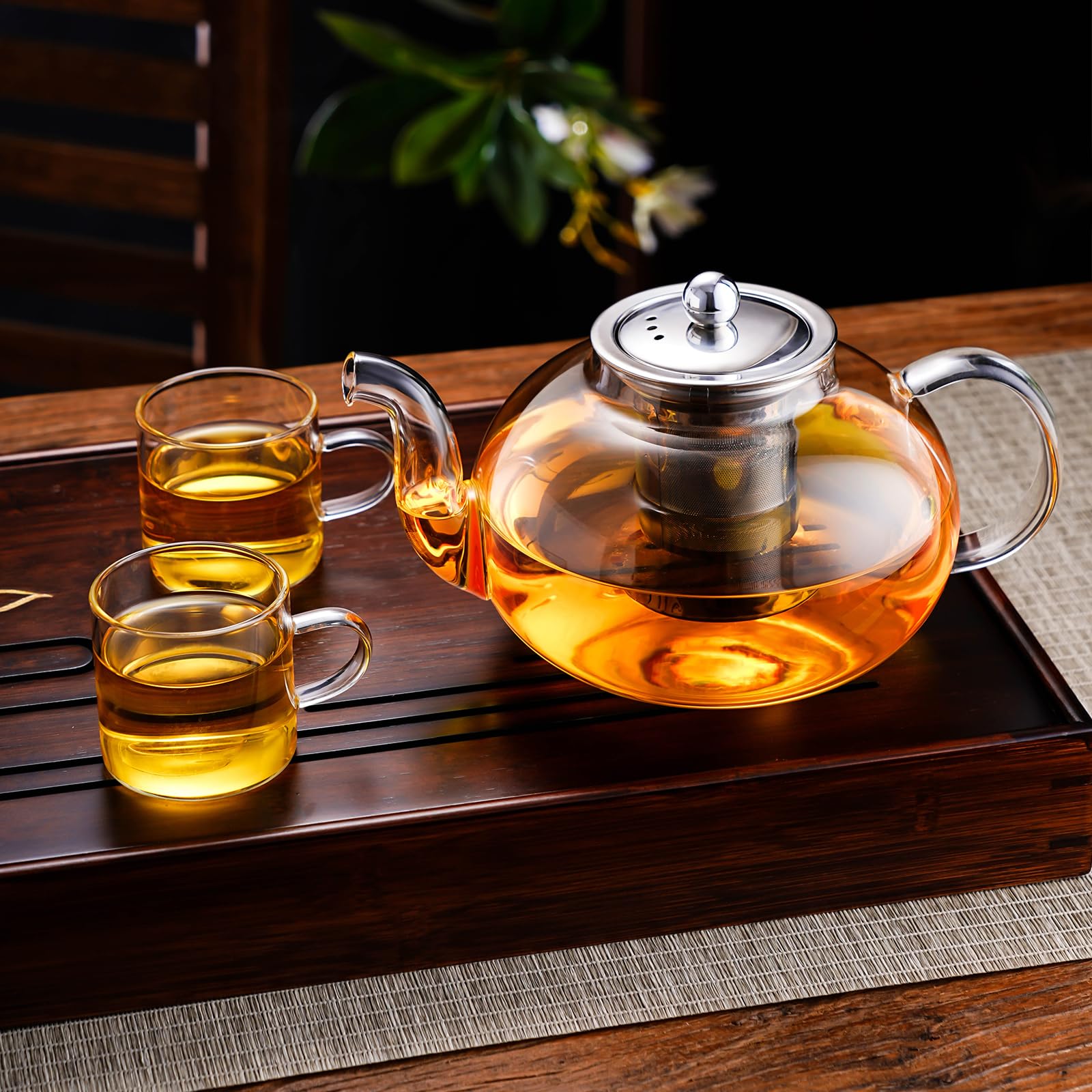 Premium Borosilicate Glass Teapot with Removable Stainless Steel Infuser - 40oz/1200ml Stovetop Safe Tea Kettle for Blooming & Loose Leaf Tea - Perfect for Home, Office, Camping & Travel Use