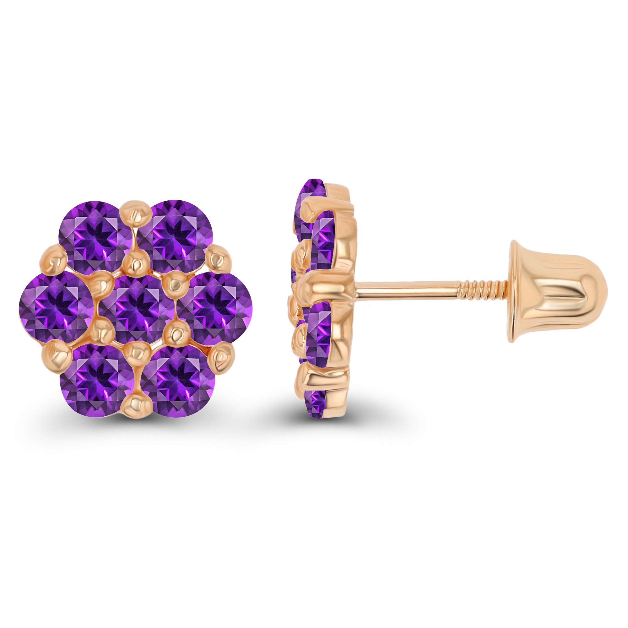14K Gold 8mm Cluster Natural Birthstone Flower Screwback Stud Earrings for Women | Round Birthstone Jewelry | Elegant Gift for Birthday, Anniversary & Special Occasions