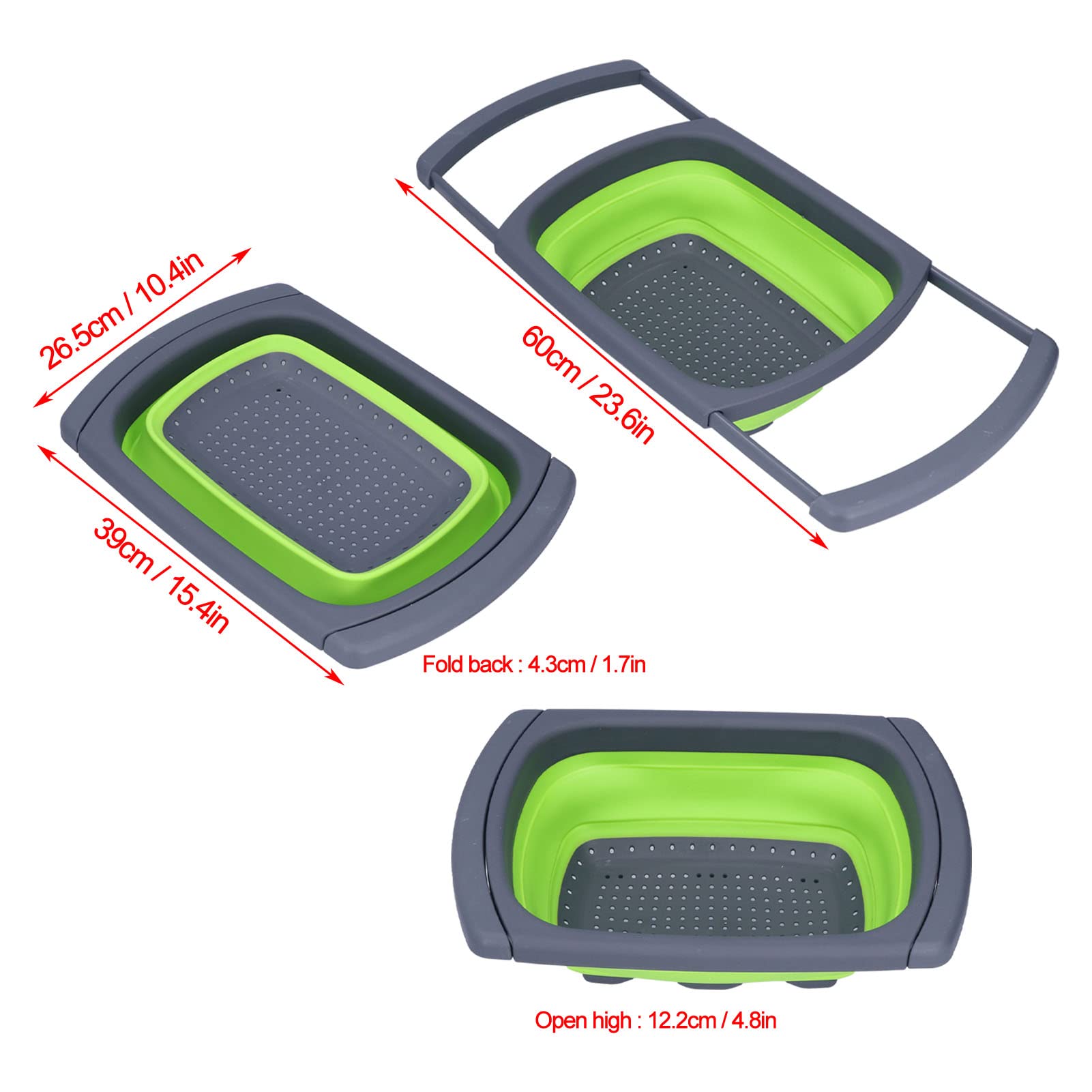 Lightweight Portable Silicone Foldable Fruit & Vegetable Wash Strainer Basket - High Temperature Resistant, Green Collapsible Drain Basket for Kitchen, Camping & Travel