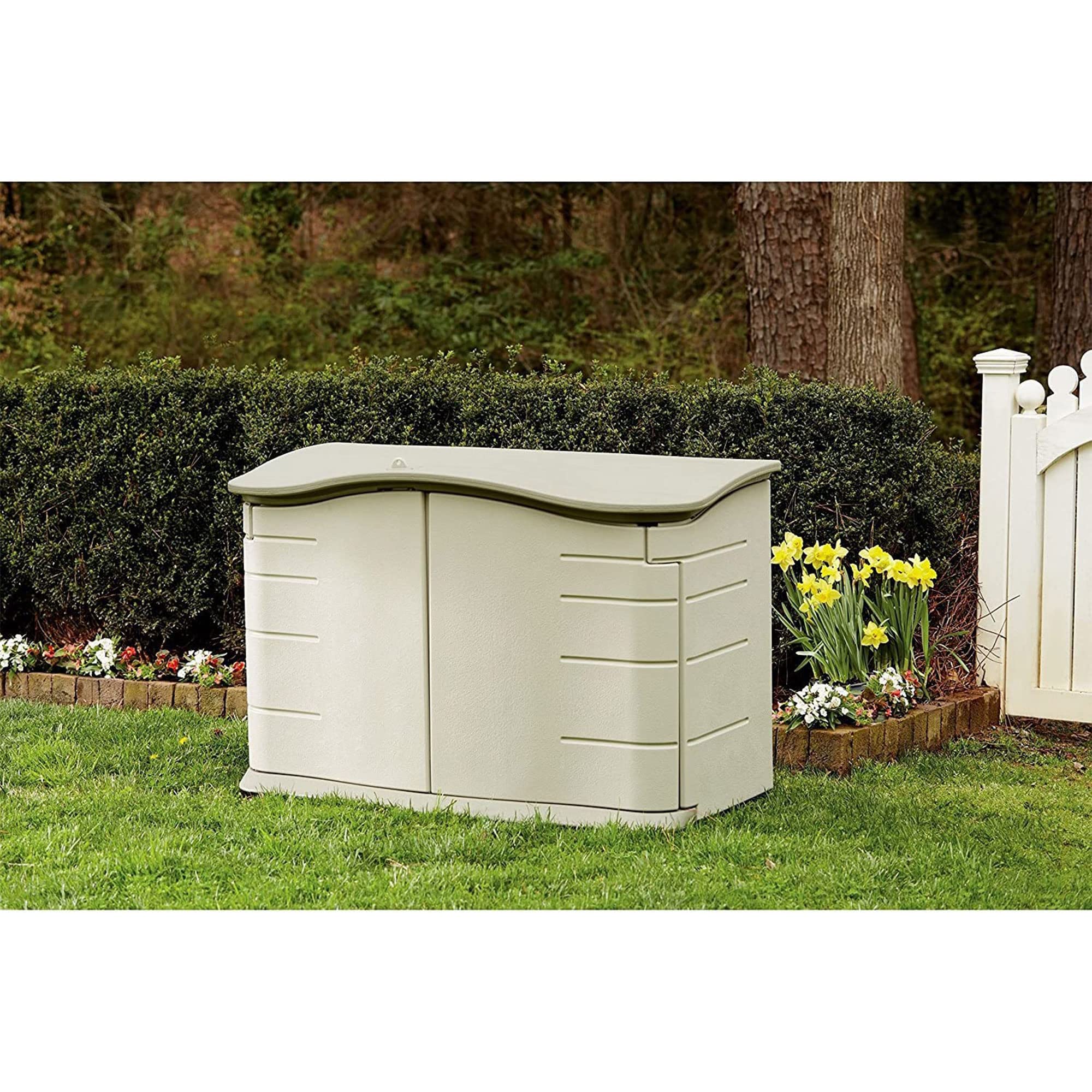 Rubbermaid 4.5x3 Ft Small Horizontal Resin Outdoor Storage Shed with Floor - Weather Resistant Beige/Brown Organizer for Garden Tools, Pool Chemicals, Patio Cushions, Toys & More - Perfect for Backyard, Garage, Porch & Home Organization