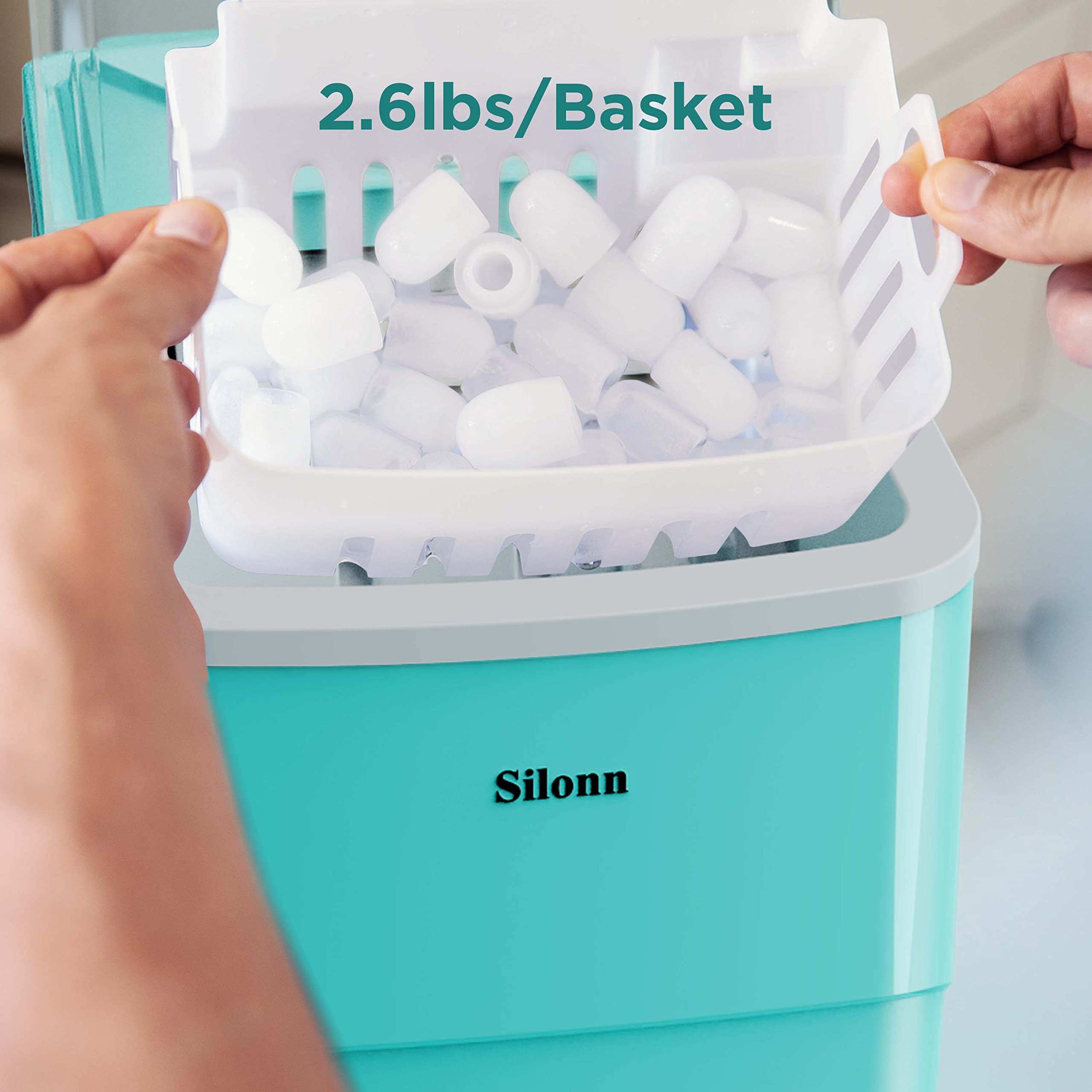 Silonn Countertop Ice Maker - 9 Cubes in 6 Minutes, 26lbs Daily, Self-Cleaning with Scoop & Basket - 2 Ice Sizes for Home, Kitchen, Office, Bar & Parties (Green) - Perfect for Cocktails, Beverages & Entertaining