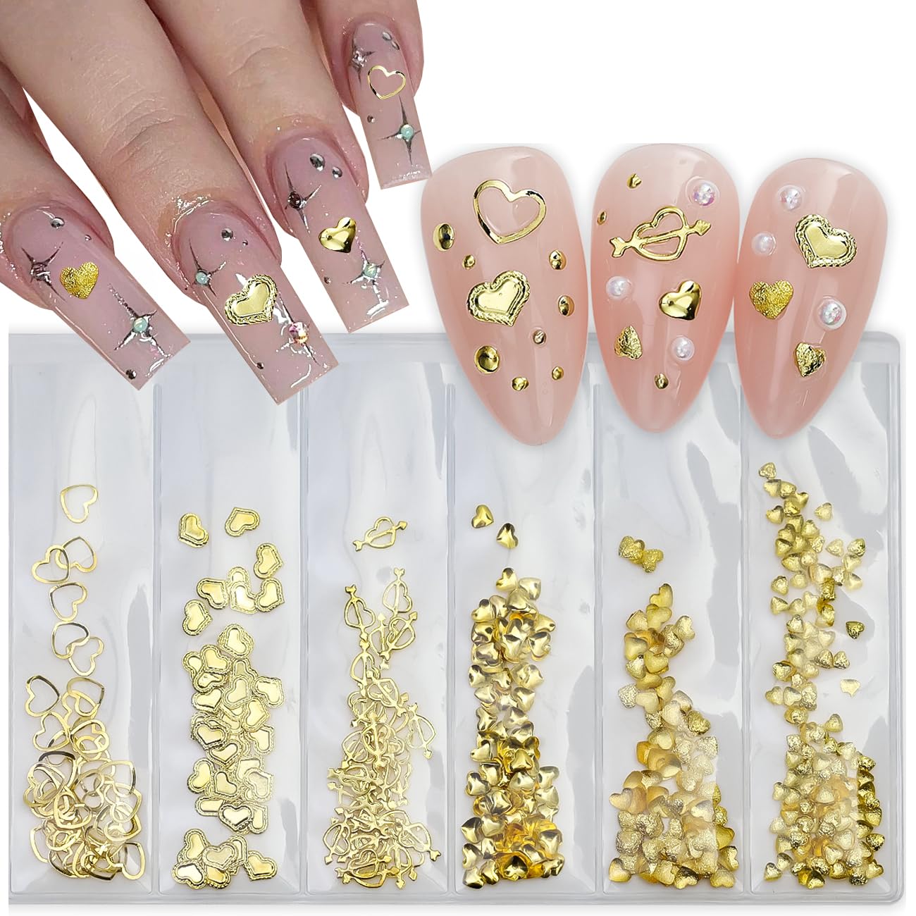 3D Gold Love Heart Nail Charms - Metallic Hollow Star & Heart Nail Art Accessories for Valentine's Day - Rhinestones Studs & Jewelry Gems for Manicure Decorations - Perfect for DIY Nails, Bridal Parties, and Special Occasions