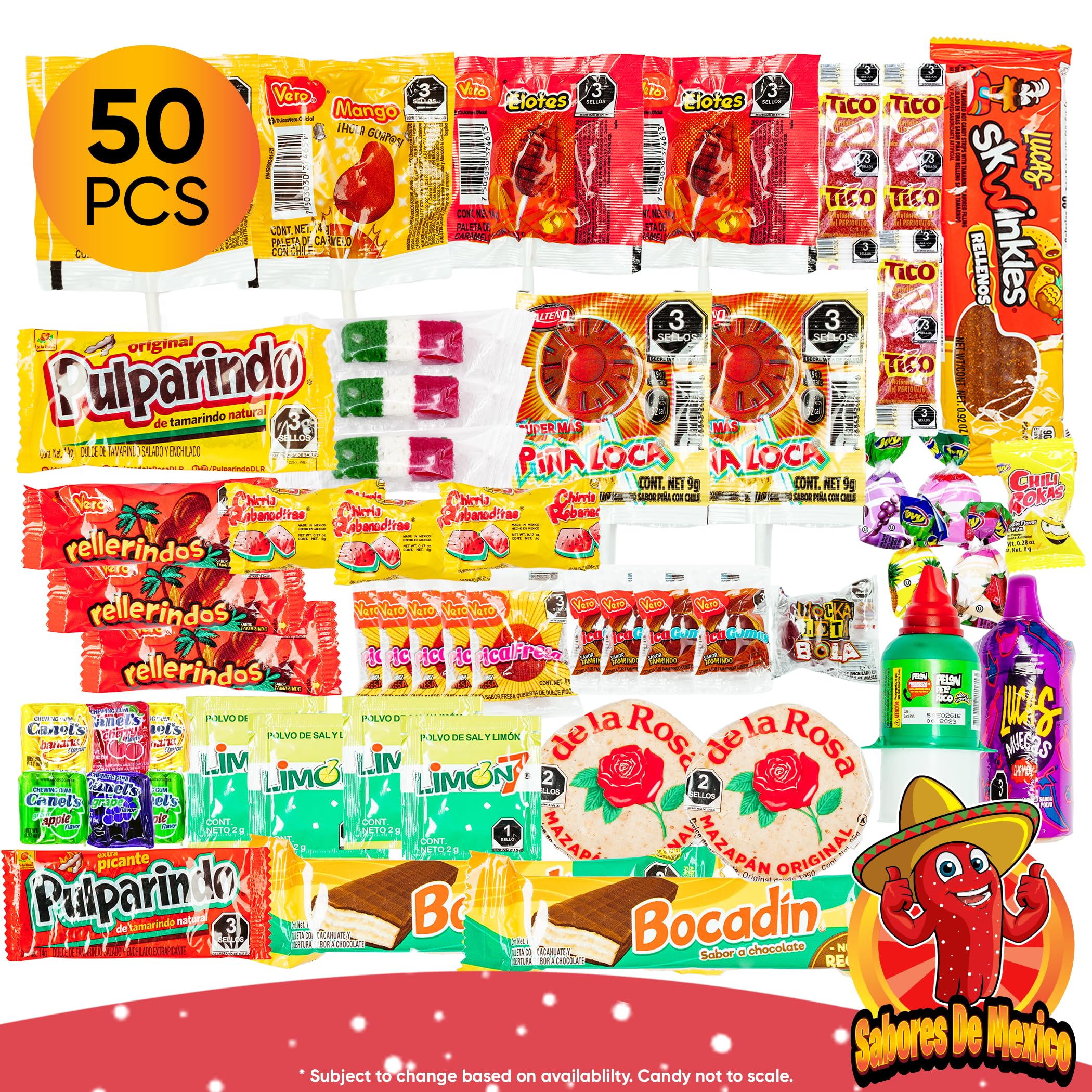Mexican Candy Variety Pack (50 Count) - Assorted Dulces Mexicanos, Pica Fresa Lucas, Pelon Pelo Rico, Pulparindo & Mazapan - Authentic Mexican Snacks by Sabores de Mexico - Perfect for Parties, Gifts & Cultural Celebrations