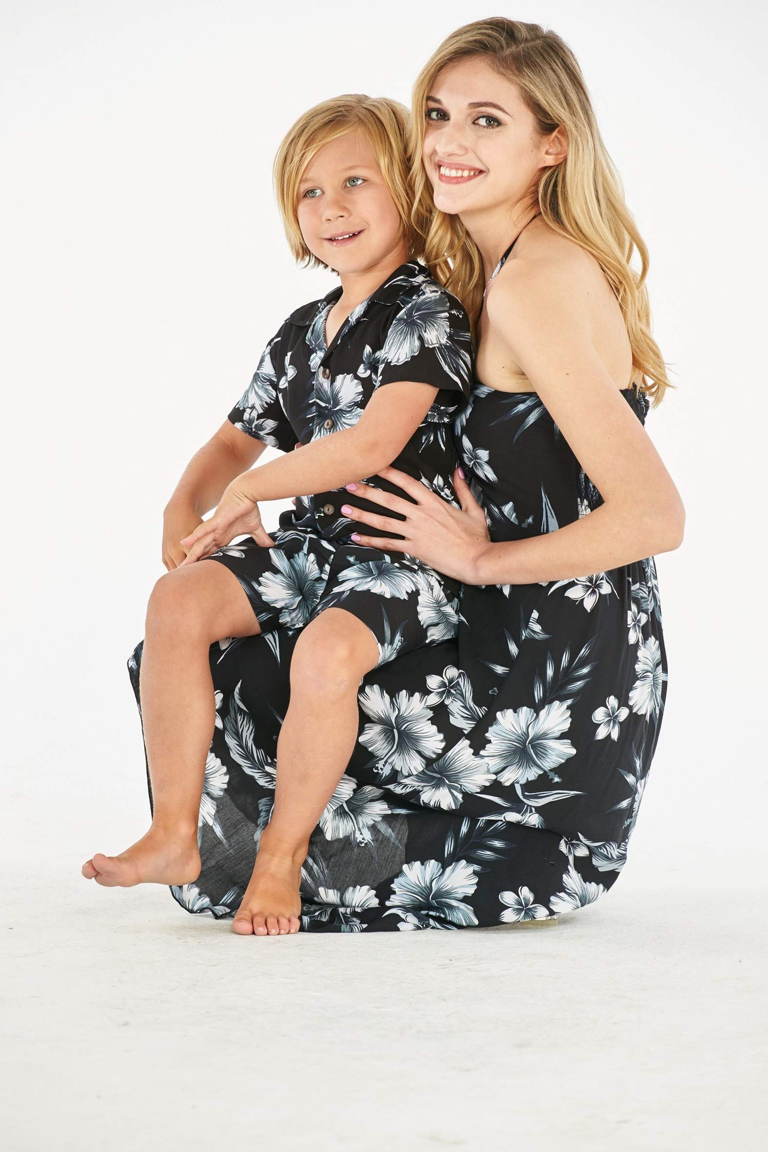 Matching Mother & Son Hawaiian Luau Outfits - Tropical Floral Dress & Shirt Set | Perfect for Beach Vacations, Family Photos & Summer Parties