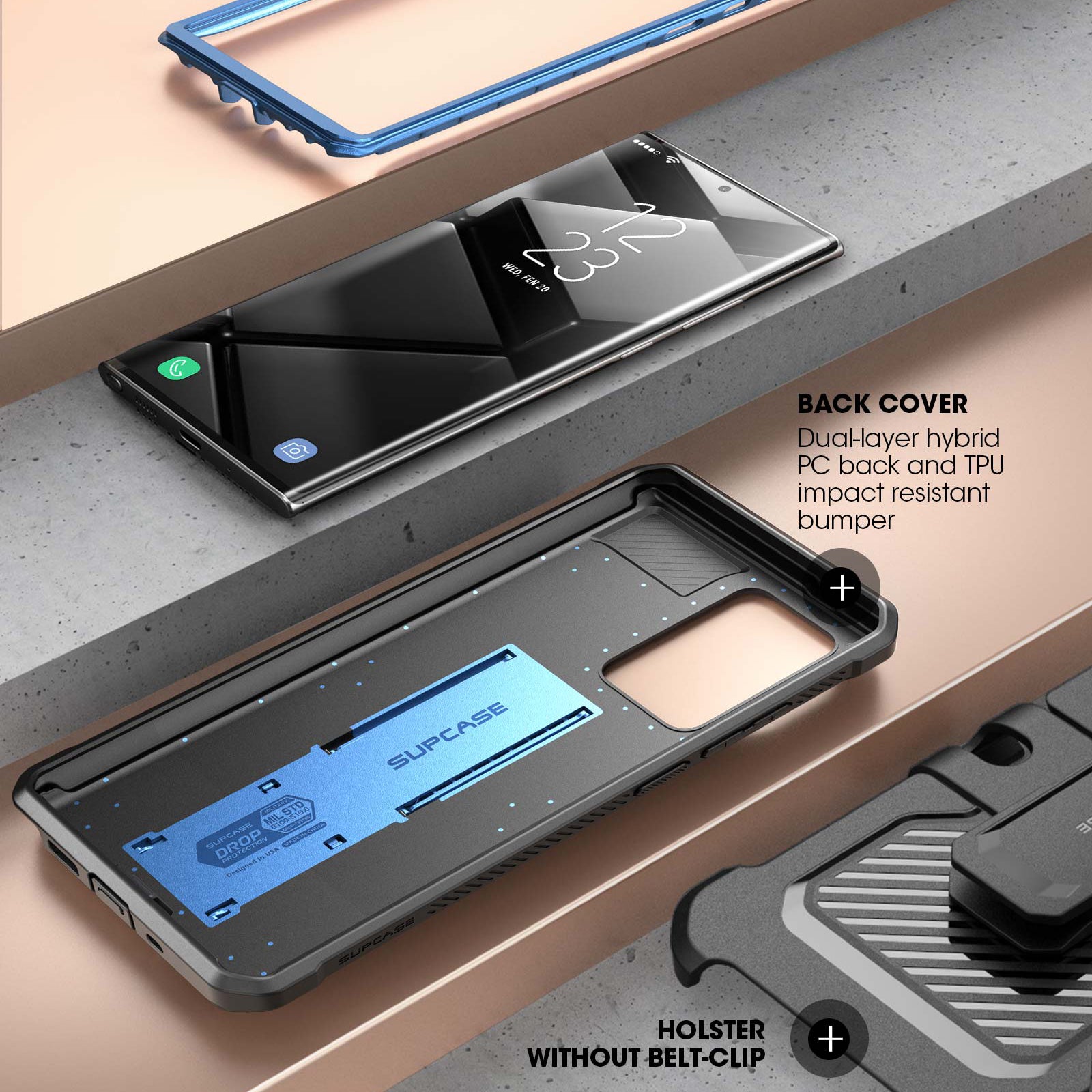 Samsung Galaxy Note20 Unicorn Beetle PRO Rugged Holster Case - Heavy Duty Shockproof Protection with Built-in Screen Protector & Kickstand (Metallic Blue) - Perfect for Construction, Outdoor Work & Extreme Sports