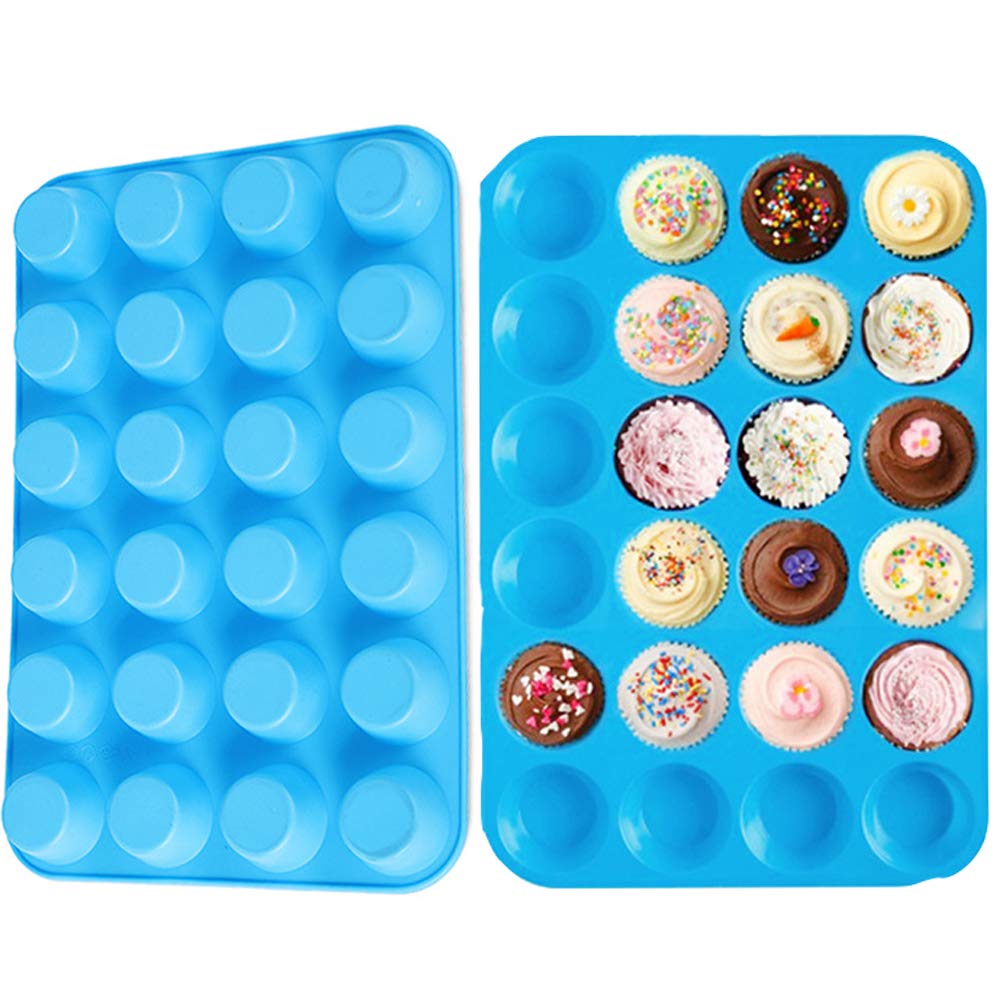 Qtopun 4-Pack Silicone Mini Muffin Pan - 24 Cups Non-Stick Baking Mold for Cupcakes, Muffins & Desserts - Perfect for Home Baking, Party Treats & Holiday Cooking (Blue)