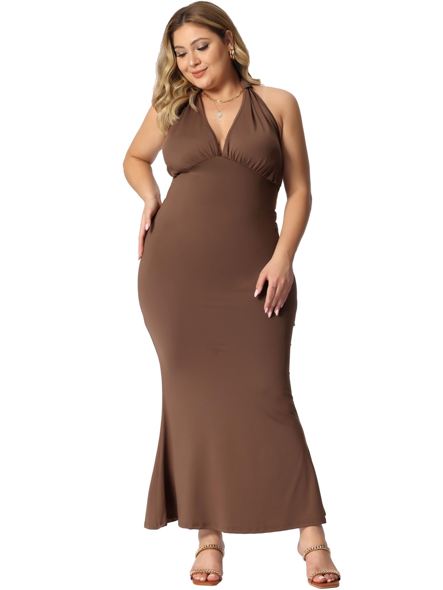 Agnes Orinda Plus Size Maxi Dress for Women - Halter V Neck Backless Cocktail Party Mermaid Evening Gown | Elegant Formal Wear for Weddings, Prom, Night Out & Special Occasions