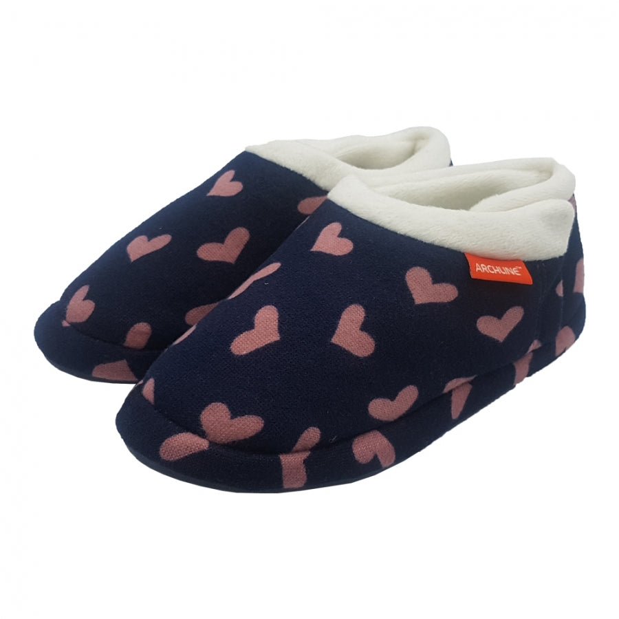 **Archline Orthotic Slippers for Women & Men - Closed Toe Comfort House Shoes with Arch Support - Navy Blue with Hearts Design - Perfect for Indoor, Lounge & Recovery**