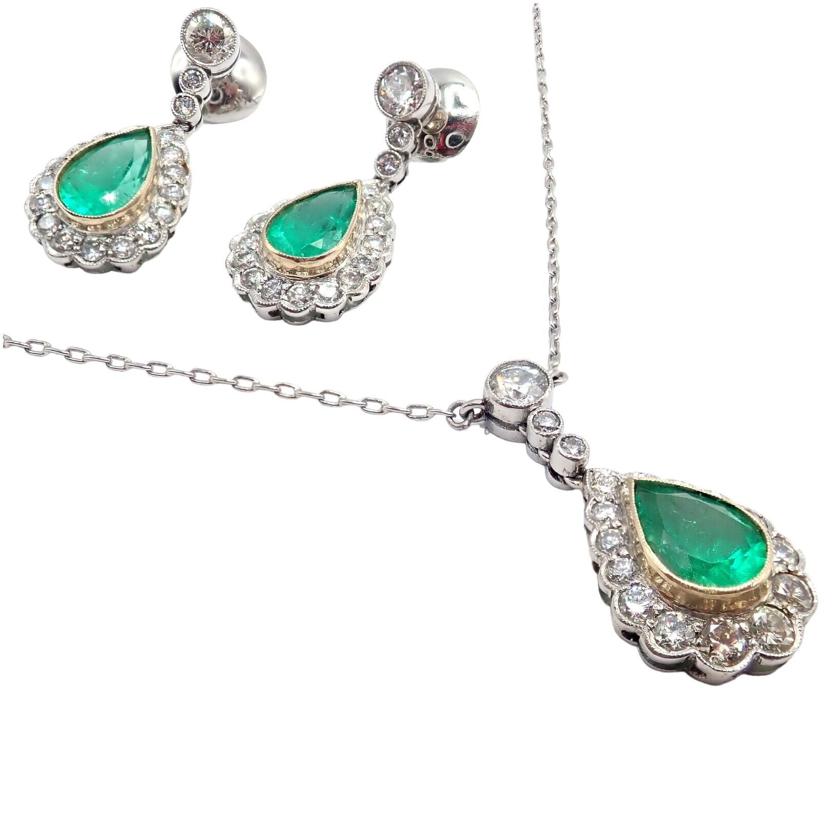 Vintage Platinum Diamond Emerald Earrings and Necklace Set - Elegant Estate Jewelry for Weddings, Anniversaries & Special Occasions