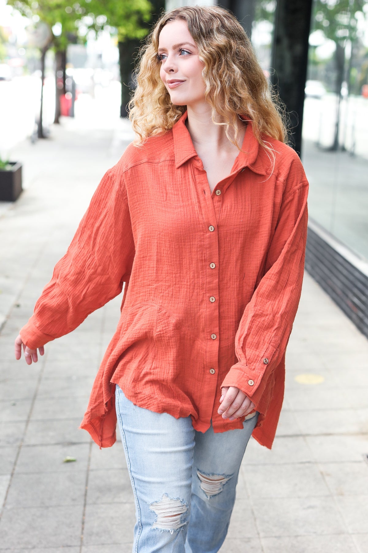 Stylish Rust Button Down Sharkbite Cotton Tunic Top for Women | Comfortable Everyday Wear | Perfect for Office, Casual Outings & Date Nights
