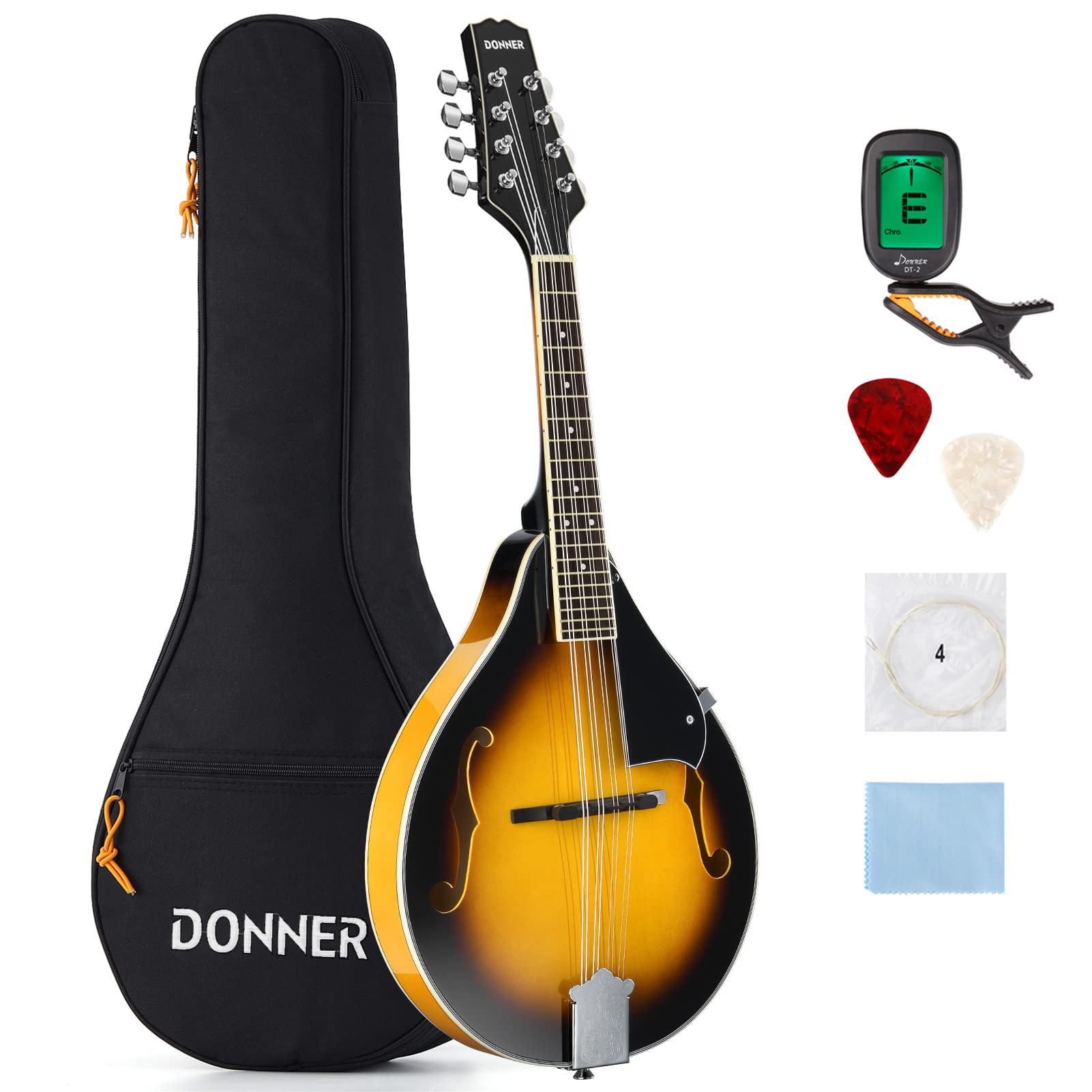 **Donner A-Style Mandolin Sunburst Acoustic 8-String Mahogany Musical Instrument for Beginners & Adults - Includes Tuner, Gig Bag & Guitar Picks (DML-1) - Perfect for Folk, Bluegrass & Live Performances**