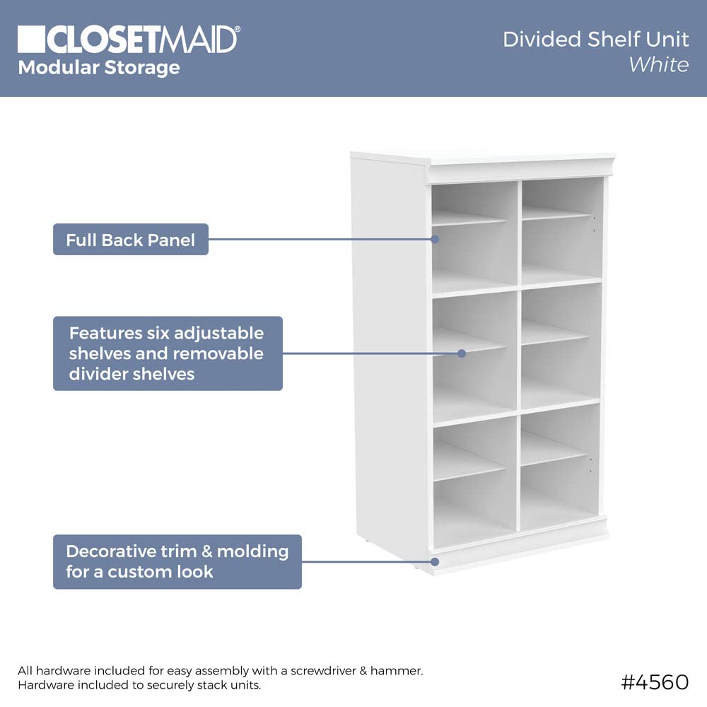 ClosetMaid 12-Shelf Modular Wood Closet Organizer - Adjustable Shelves with Dividers, Stackable Design, Full Backer & Decorative Trim in White | Perfect for Bedroom, Closet & Home Storage Organization
