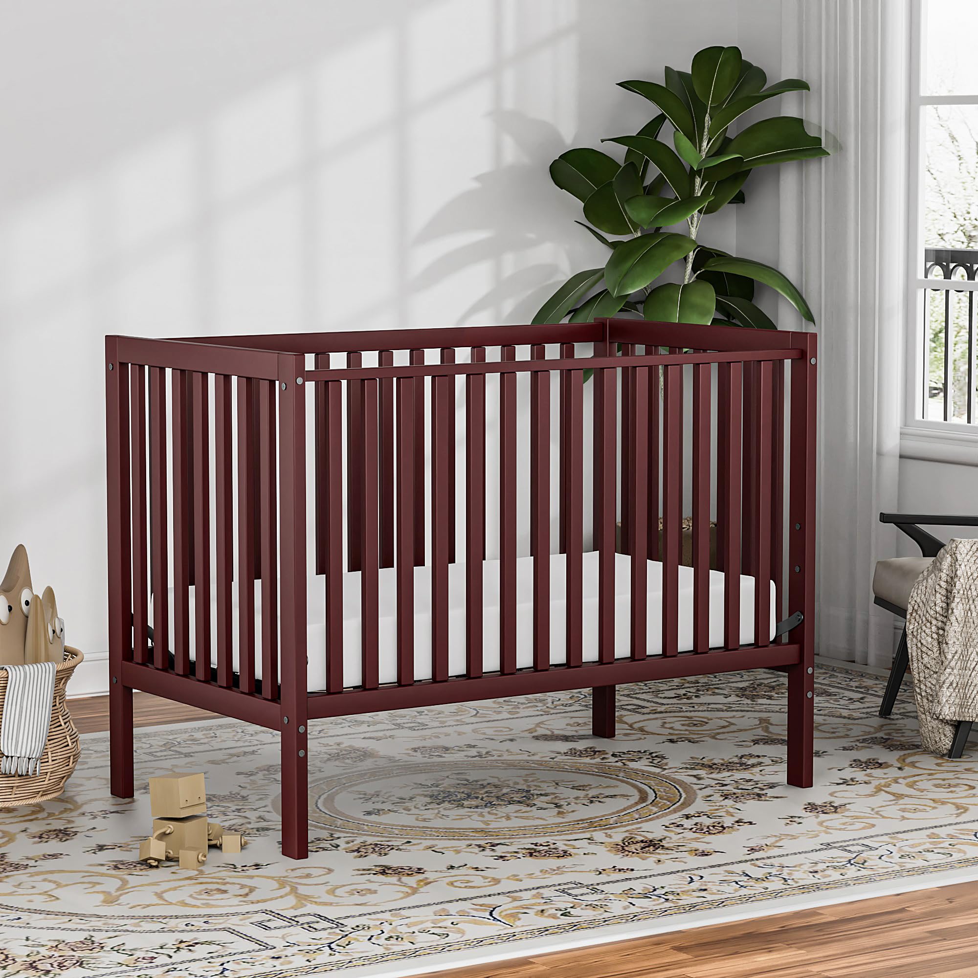 5-in-1 Convertible Baby Crib to Toddler Bed - Sustainable Natural Pinewood, Non-Toxic Finish, Full Size Nursery Furniture (Cherry) - Perfect for Small Spaces & Growing Families