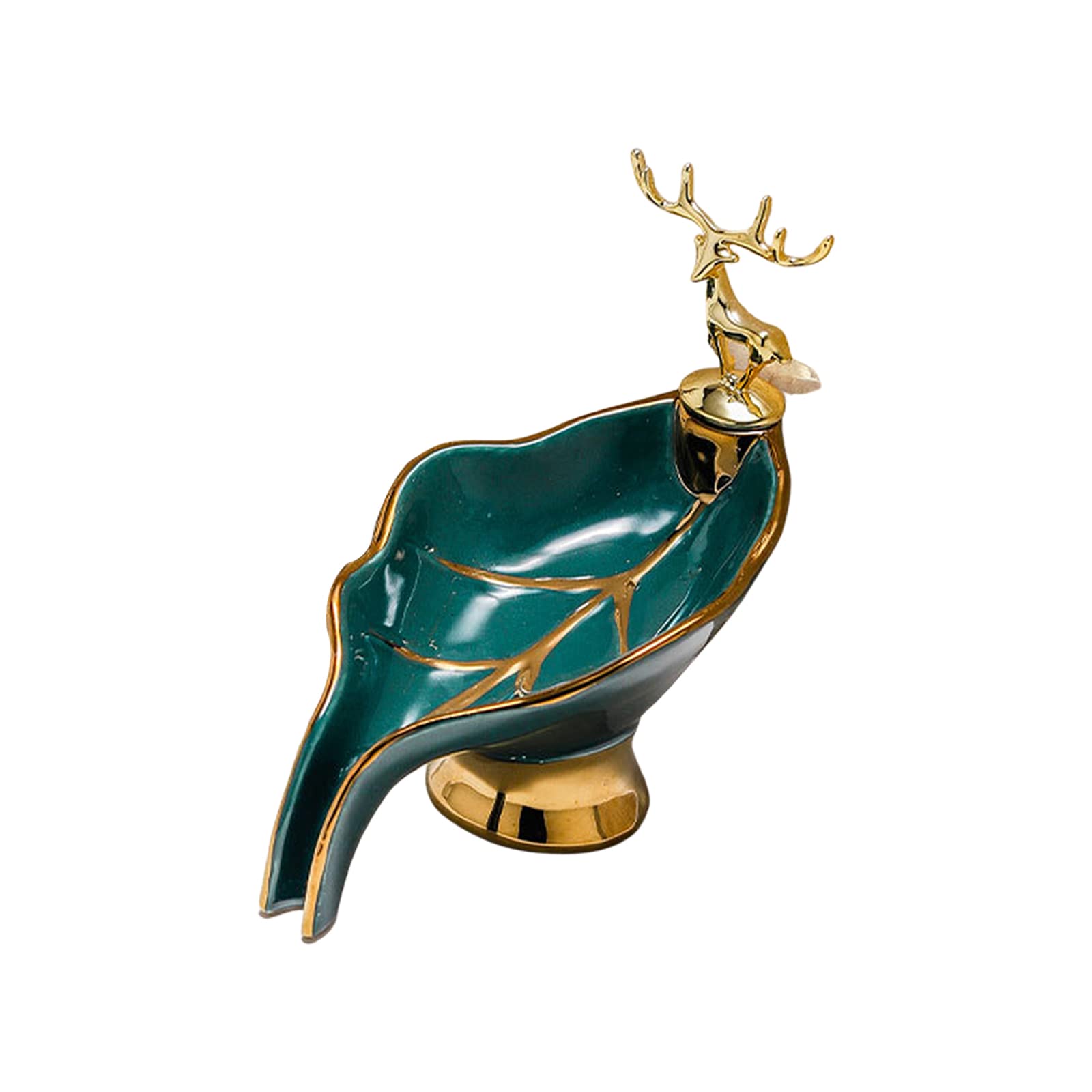 Luxury Ceramic Soap Dish with Golden Deer - Leaf Shaped Self Draining Soap Holder for Bathroom, Kitchen & Shower - Elegant Soap Storage Solution for Countertops, Vanities and Spa Decor