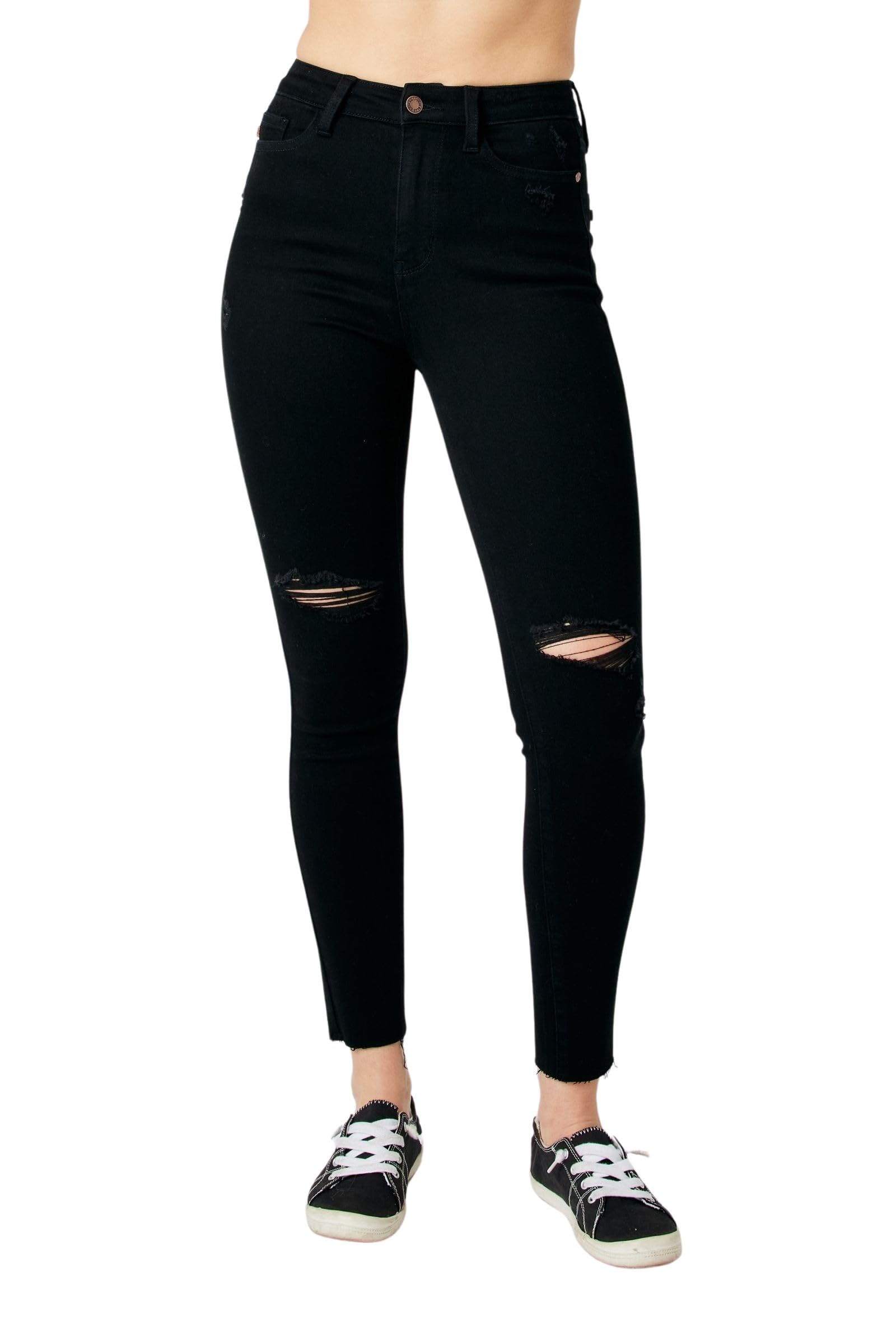 Judy Blue Women's High-Rise Heavy Destroy Raw Hem Skinny Jeans 88562 - Trendy Distressed Denim for Casual Outfits & Night Out Looks