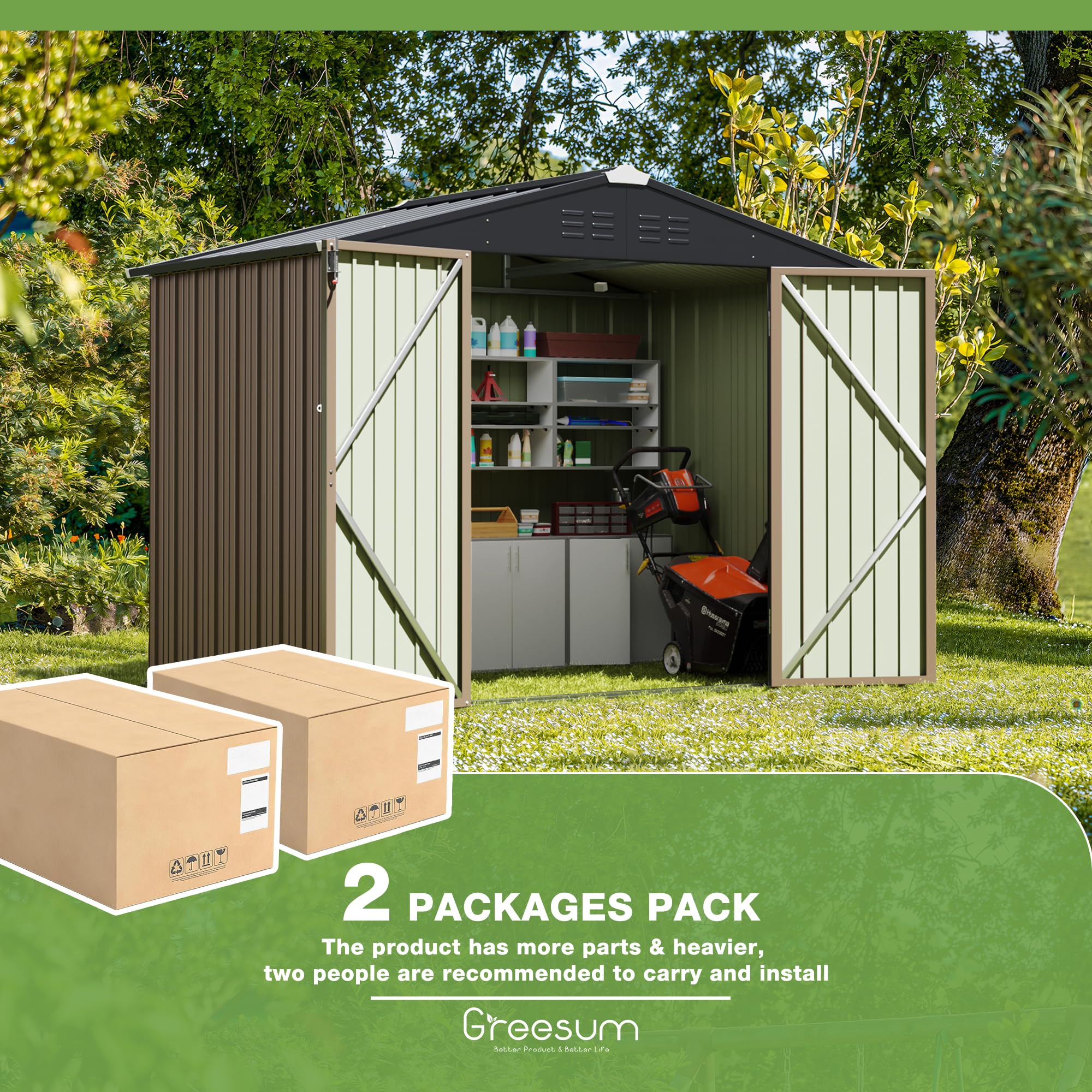 Greesum 6x8 ft Outdoor Storage Shed - Metal Utility Tool Shed with Lockable Door for Garden, Patio & Backyard Organization (Brown)