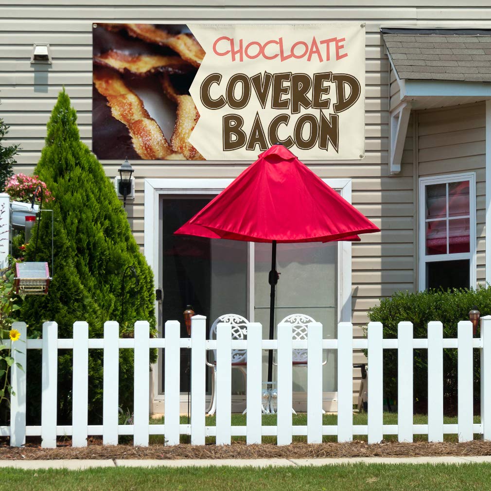 Chocolate Covered Bacon Vinyl Banner - Weatherproof Outdoor Restaurant & Food Sign (60x144 Inches, 10 Grommets, Brown) - Perfect for Restaurant Promotions, Food Festivals & Outdoor Advertising