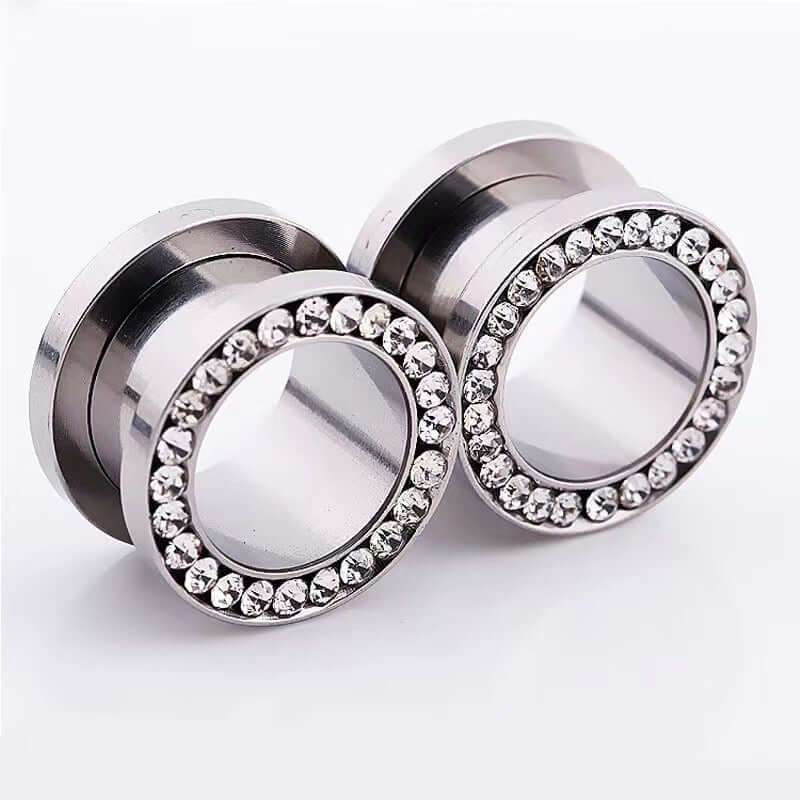 Black CZ Hollow Screw Fit Tunnel Plug Set | UZ299 | Stylish Body Jewelry for Ear Stretching & Alternative Fashion