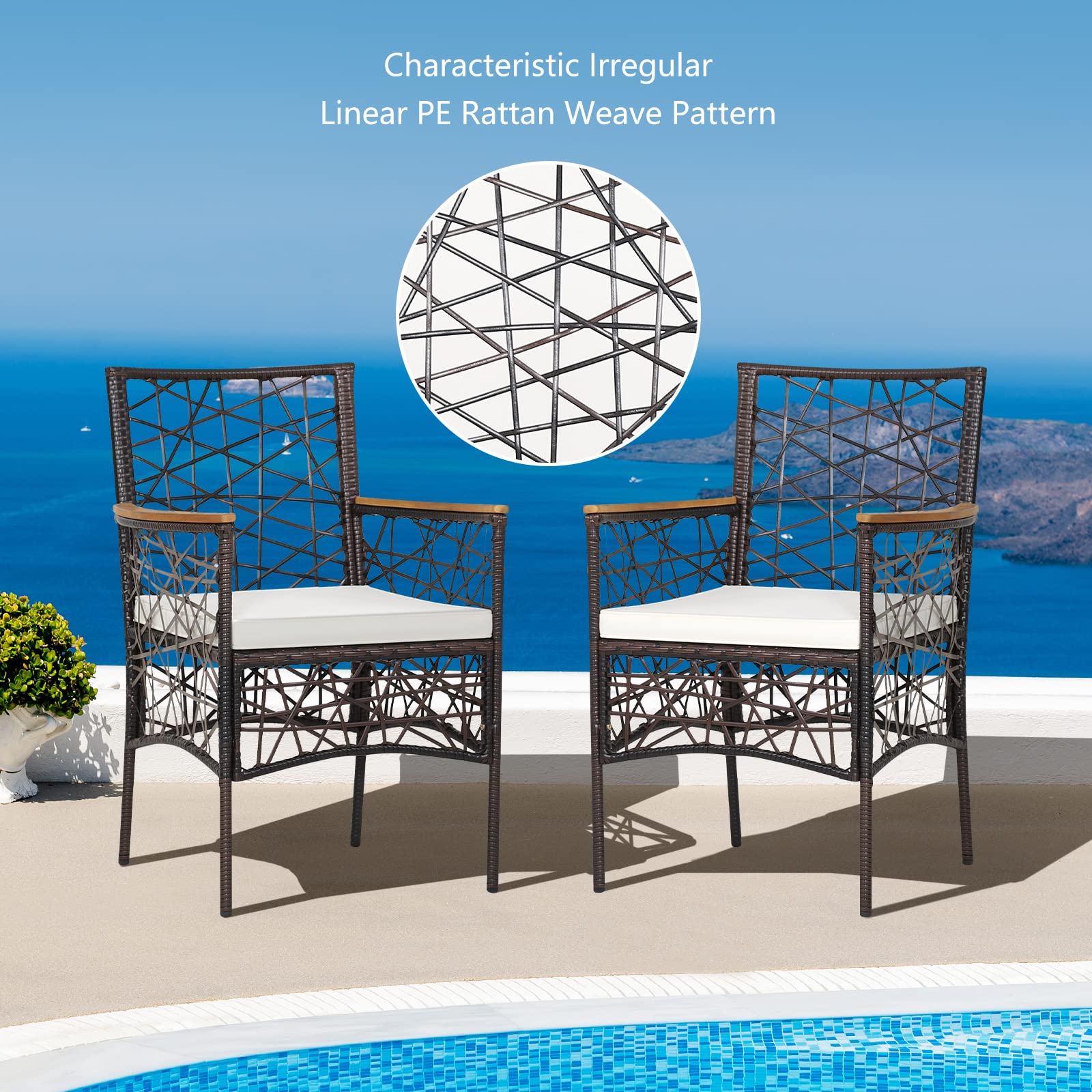 RELAX4LIFE 2-Piece PE Wicker Patio Chairs Set - Acacia Wood Armrests & Removable Cushions - Indoor Outdoor Dining Armchairs for Restaurant, Porch, Garden, Poolside, Backyard - Perfect for Al Fresco Dining and Outdoor Relaxation