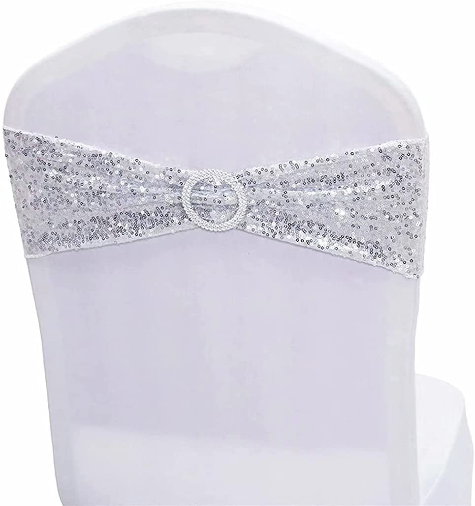 Sparkling NC Sequin Chair Sashes - Pack of 100 Stretch Spandex Chair Bands with Buckle for Wedding, Banquet, Birthday, Graduation, Anniversary & Prom Decorations - Elegant Party Chair Covers (Silver, 100pcs) - Perfect for Wedding Aisle Decor, Banquet Seating & Special Event Chair Decorations