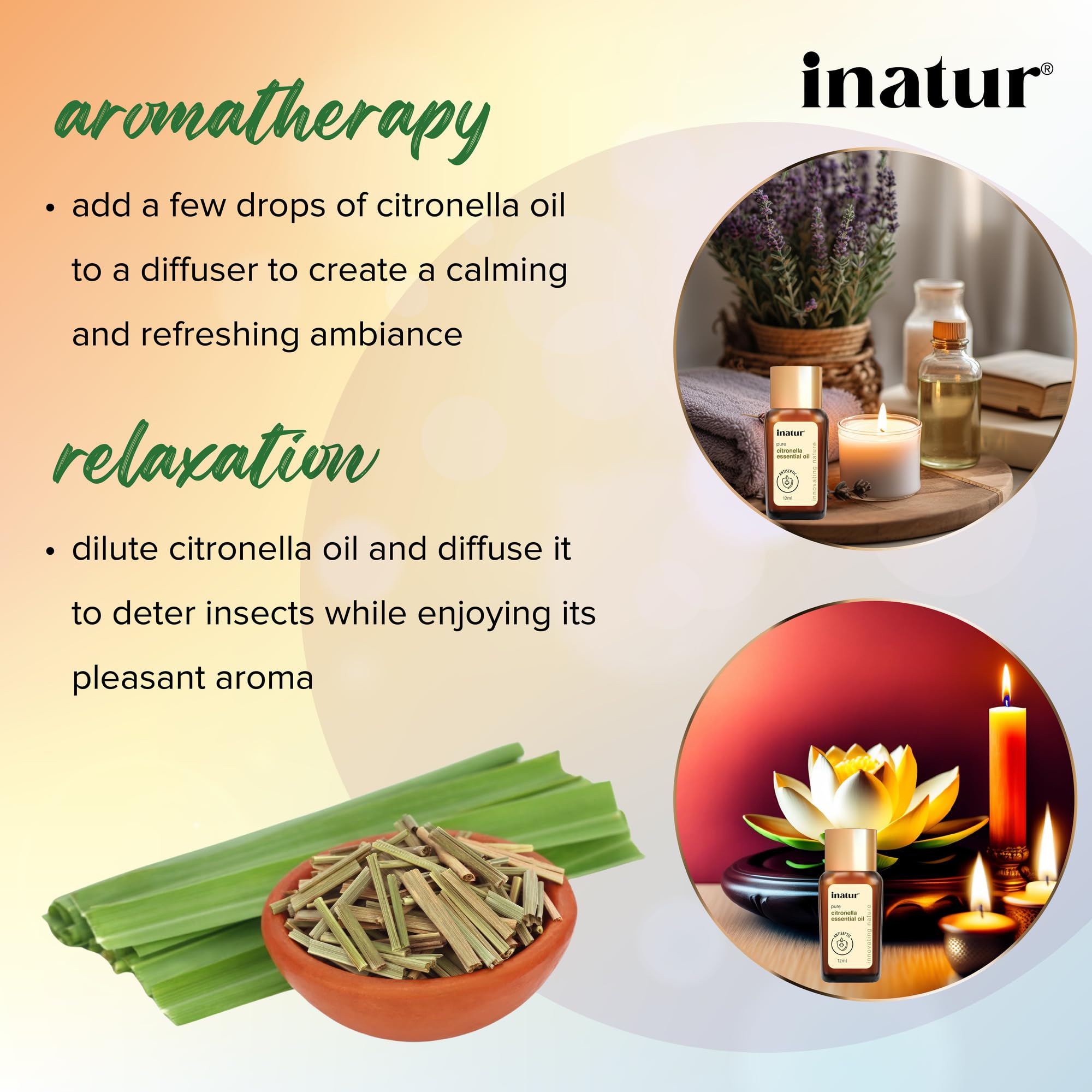 Inatur 100% Pure Citronella Essential Oil - 12ml for Aromatherapy, DIY Skincare & Natural Mosquito Repellent