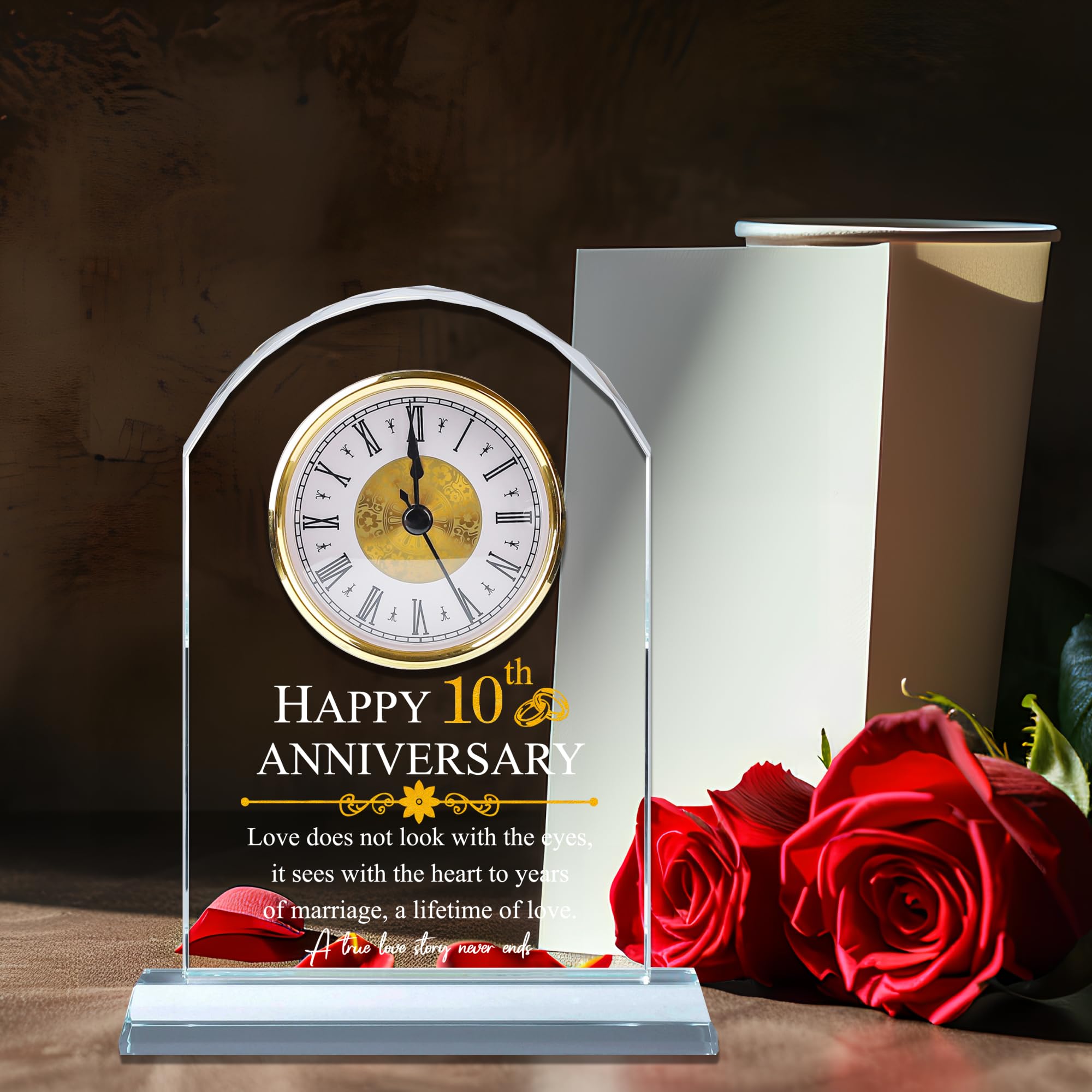 10th Wedding Anniversary Gift - Elegant Glass Quartz Clock for Couples, Him & Her - 10 Years of Marriage Keepsake - Perfect Anniversary Decor for Husband or Wife - Ideal for Home, Office, or Romantic Gift Giving
