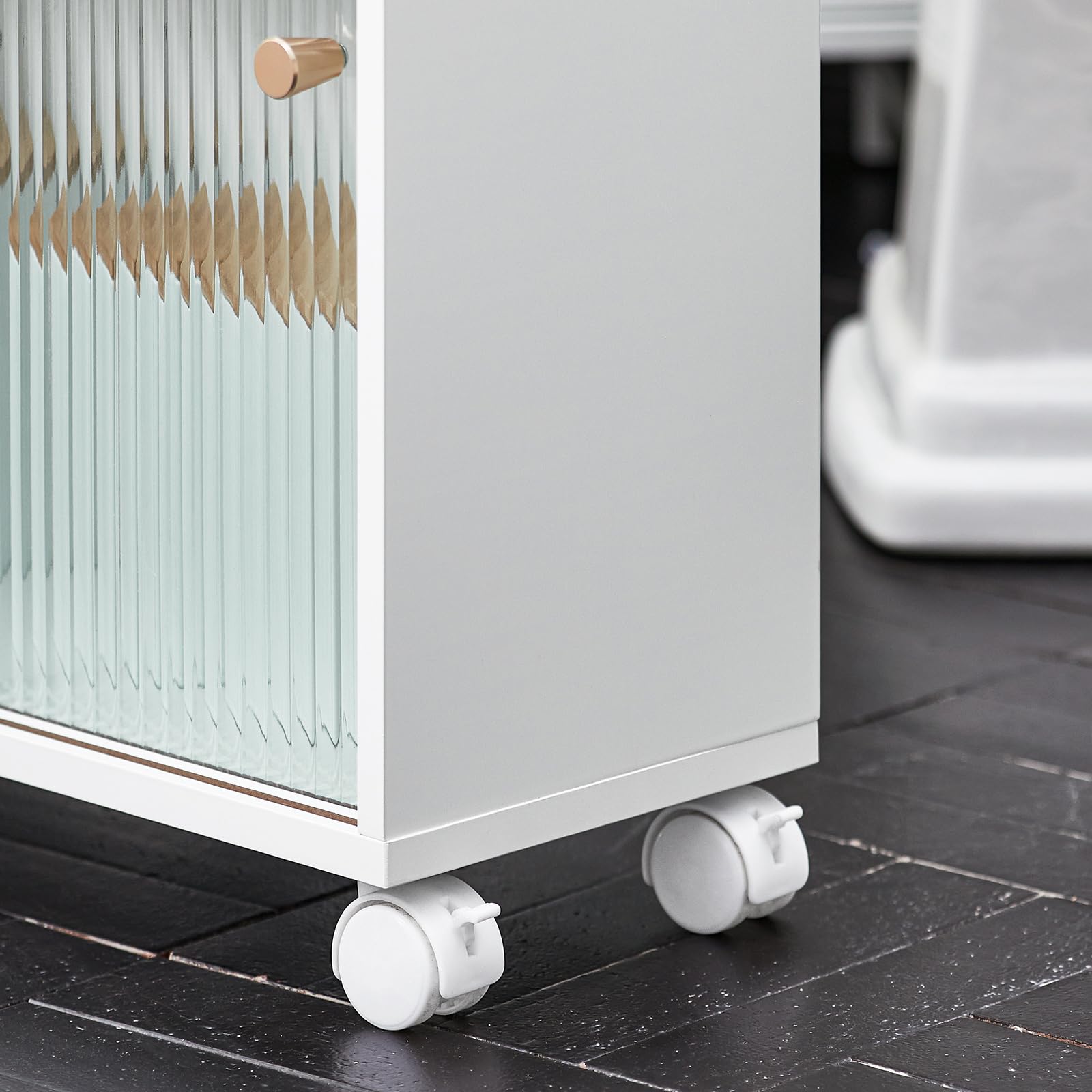 Haotian White Bathroom Magazine Holder - Narrow Toilet Storage Cabinet with Glass Doors for Bathroom Organization | Perfect for Small Spaces & Paper Roll Storage