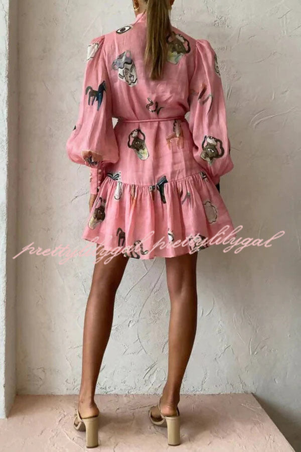 Unique Print Single Breasted Balloon Sleeve Tie Waist Ruffled Mini Dress - Elegant Party & Date Night Outfit for Women