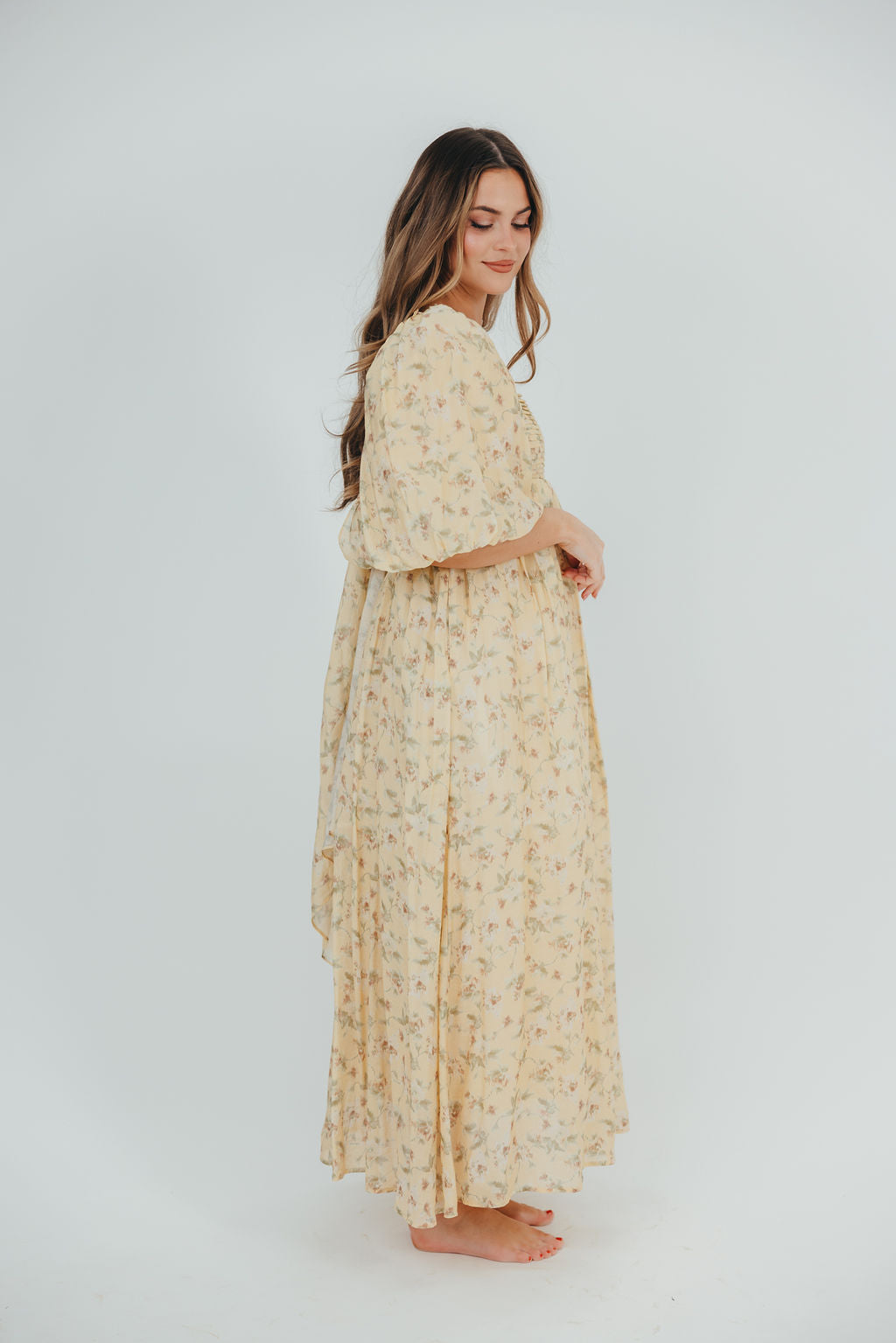 Melody Maxi Dress with Pleats & Bow Detail - Yellow Floral Print | Bump Friendly Maternity Dress | Inclusive Sizing (S-3XL) | Perfect for Weddings, Baby Showers & Summer Vacations