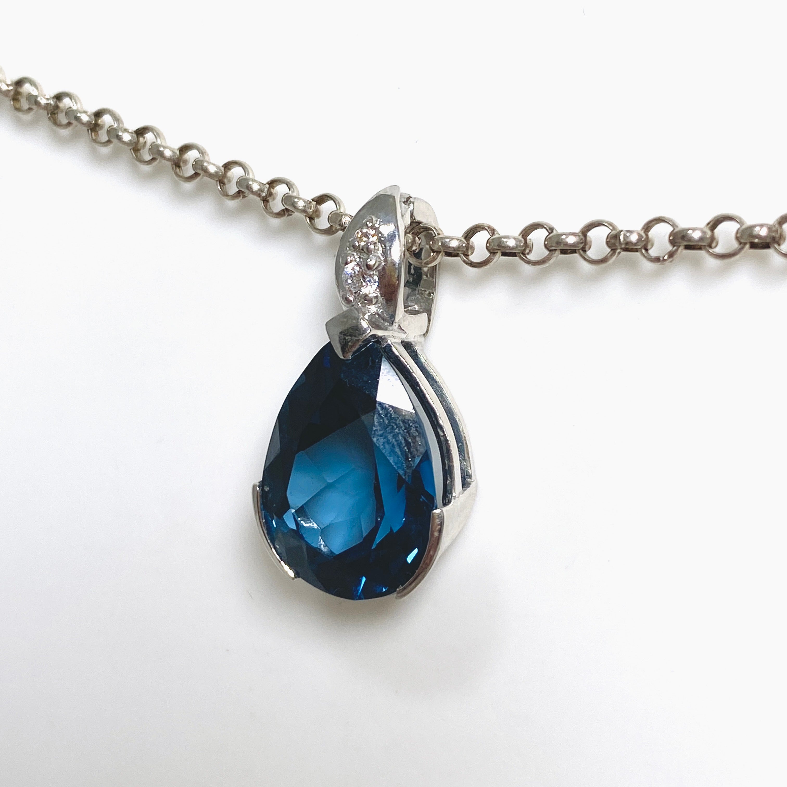 London Blue Topaz Teardrop Faceted Pendant Necklace with CZ Stones - Elegant Jewelry for Women, Perfect for Weddings, Parties & Special Occasions